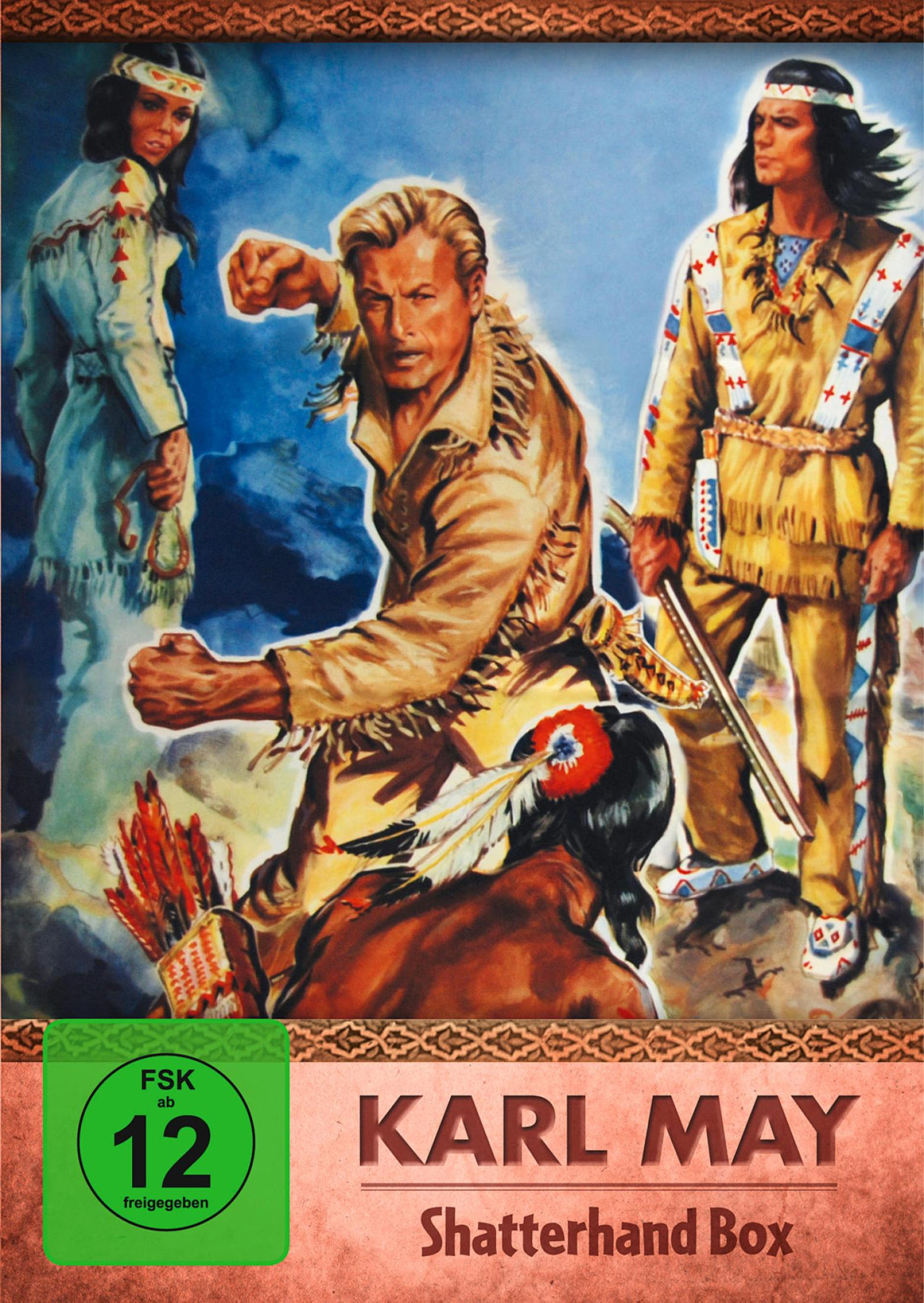 Karl May Shatterhand Box Cover mit kämpfenden Männern und Ureinwohnern.