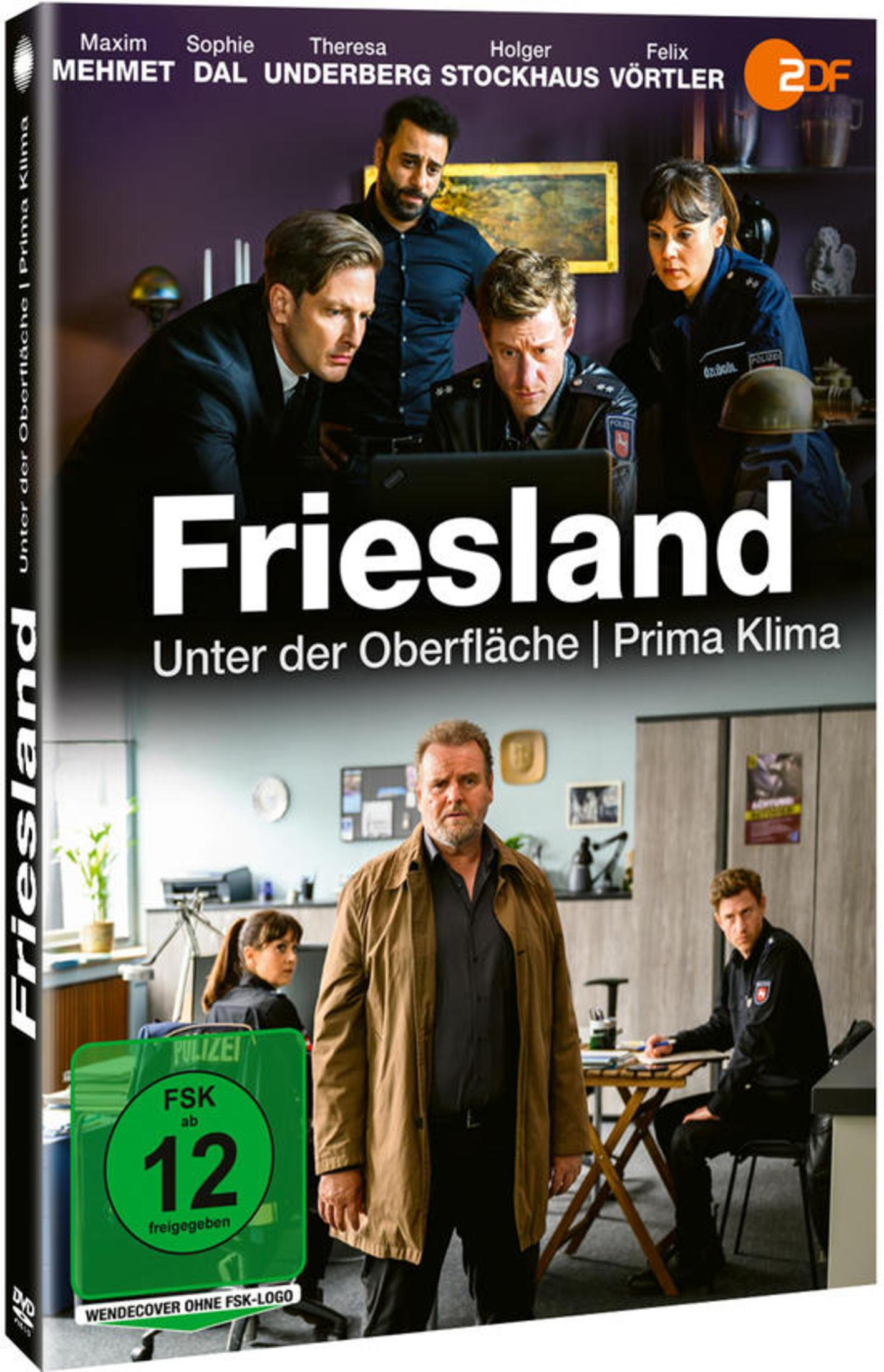 DVD-Cover der deutschen Serie Friesland mit mehreren Personen in Polizei- und Zivilkleidung in einem Büro.