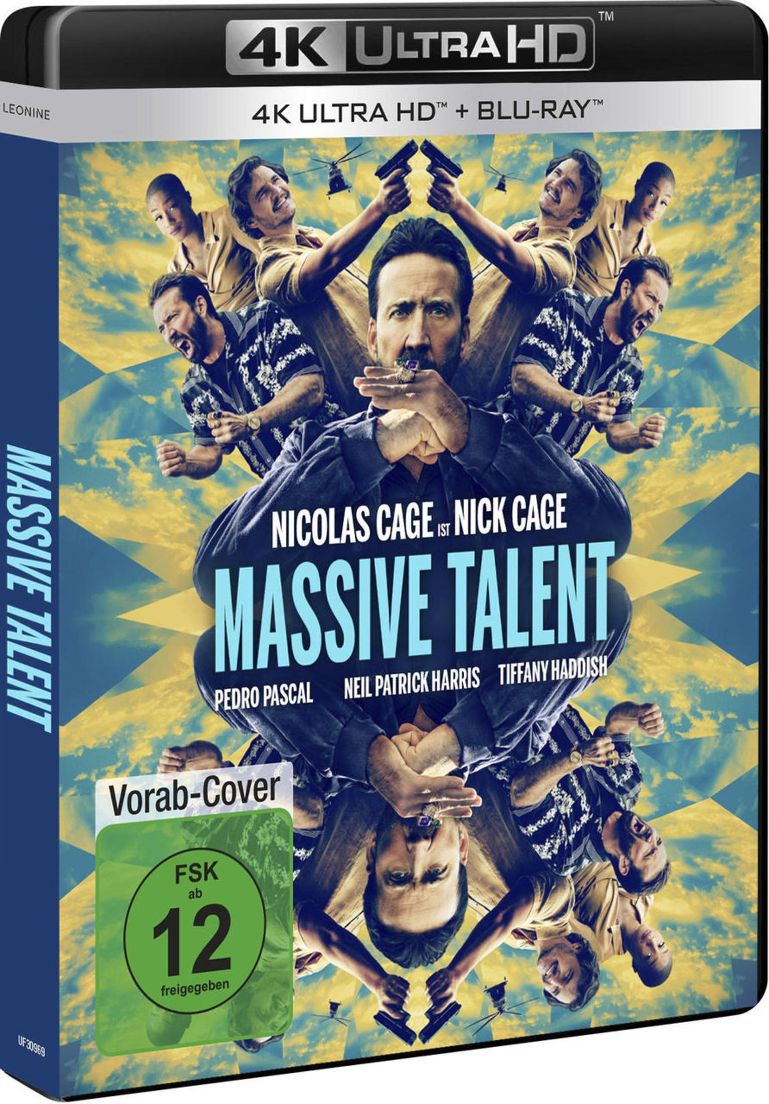 DVD-Hülle des Films Massive Talent mit Nicolas Cage auf blau-gelbem Hintergrund und FSK-12-Logo.