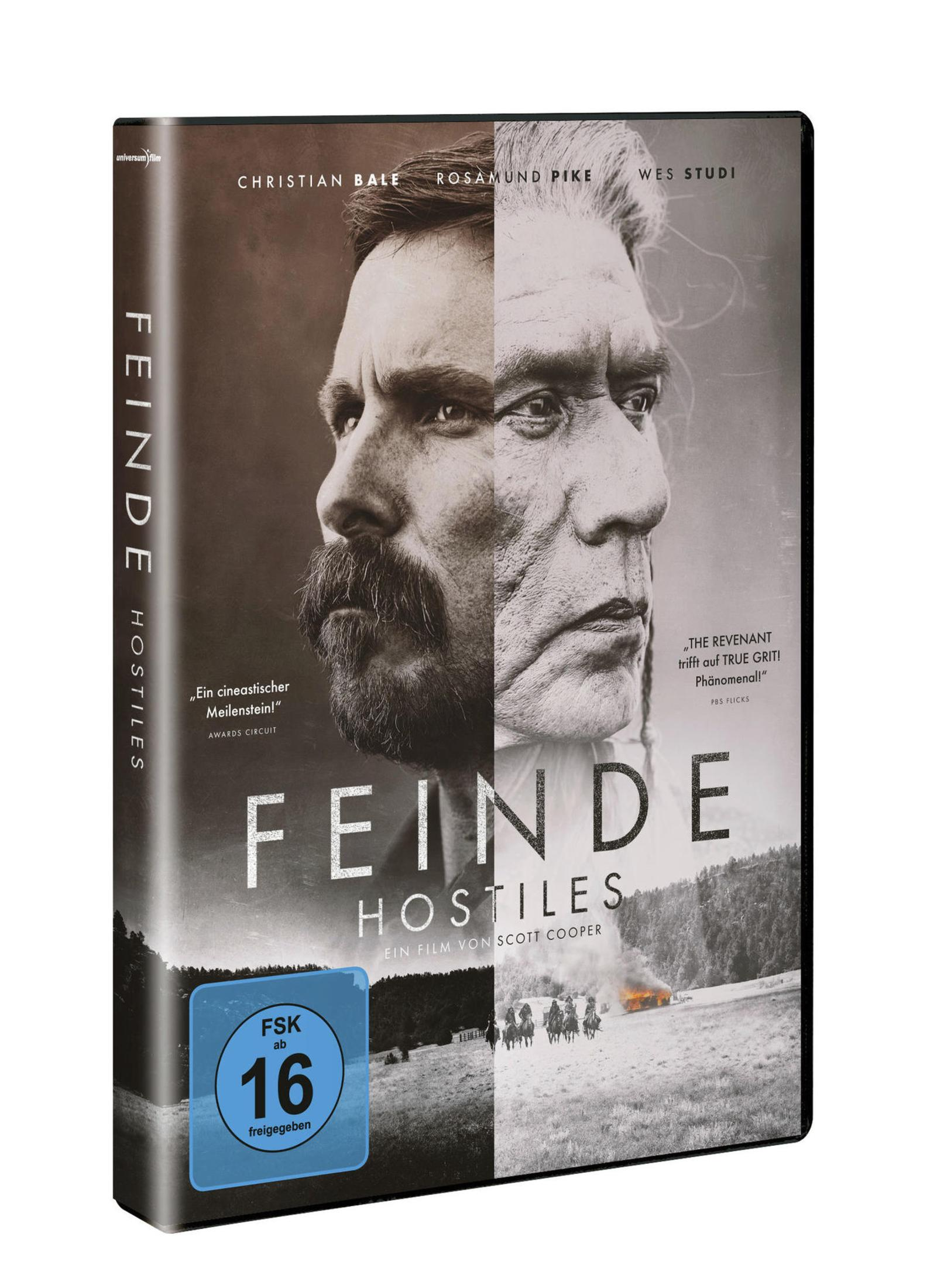 DVD-Hülle des Films Feinde - Hostiles mit Gesichtern von Christian Bale und Wes Studi im Vordergrund.