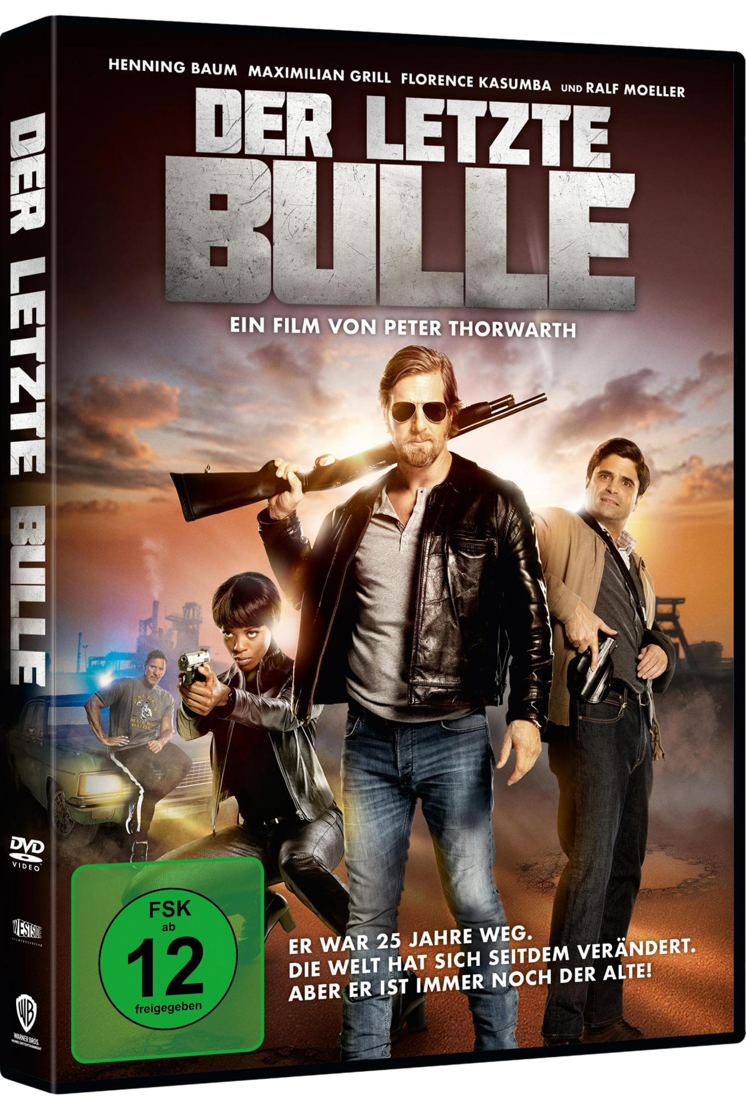 DVD-Cover von Der Letzte Bulle mit Henning Baum, Florence Kasumba und Maximilian Grill vor Industriekulisse.