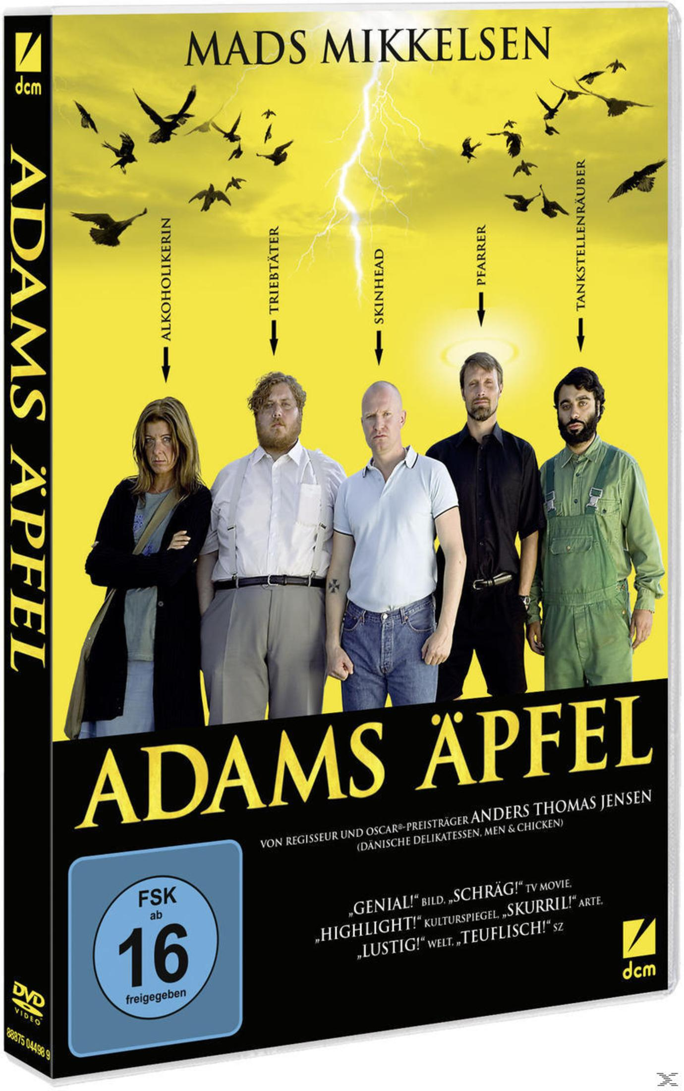 DVD-Cover von Adams Äpfel mit fünf Personen vor gelbem Hintergrund, Blitzen und Vögeln.