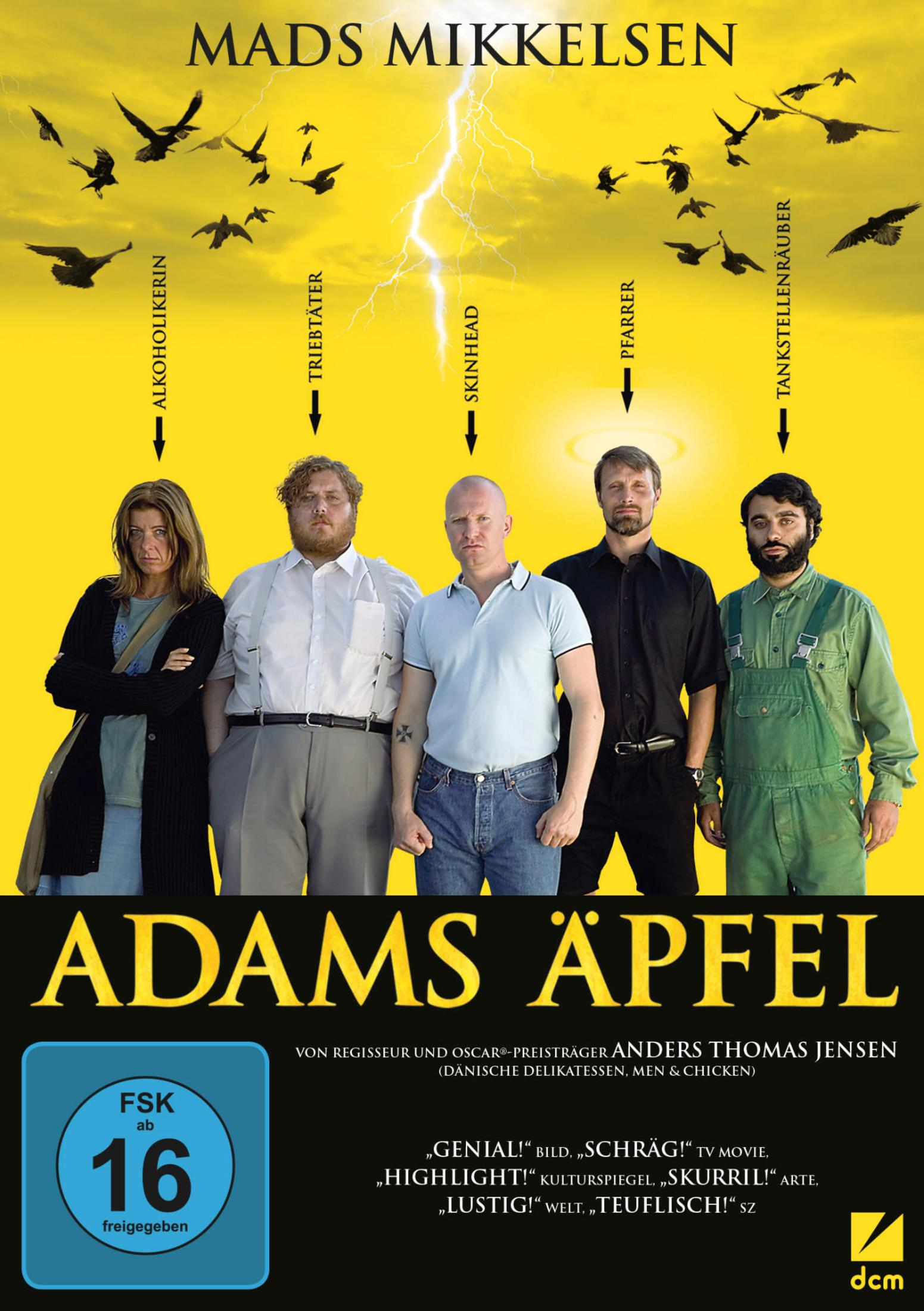Filmposter von Adams Äpfel mit fünf Personen vor gelbem Hintergrund und fliegenden Vögeln.