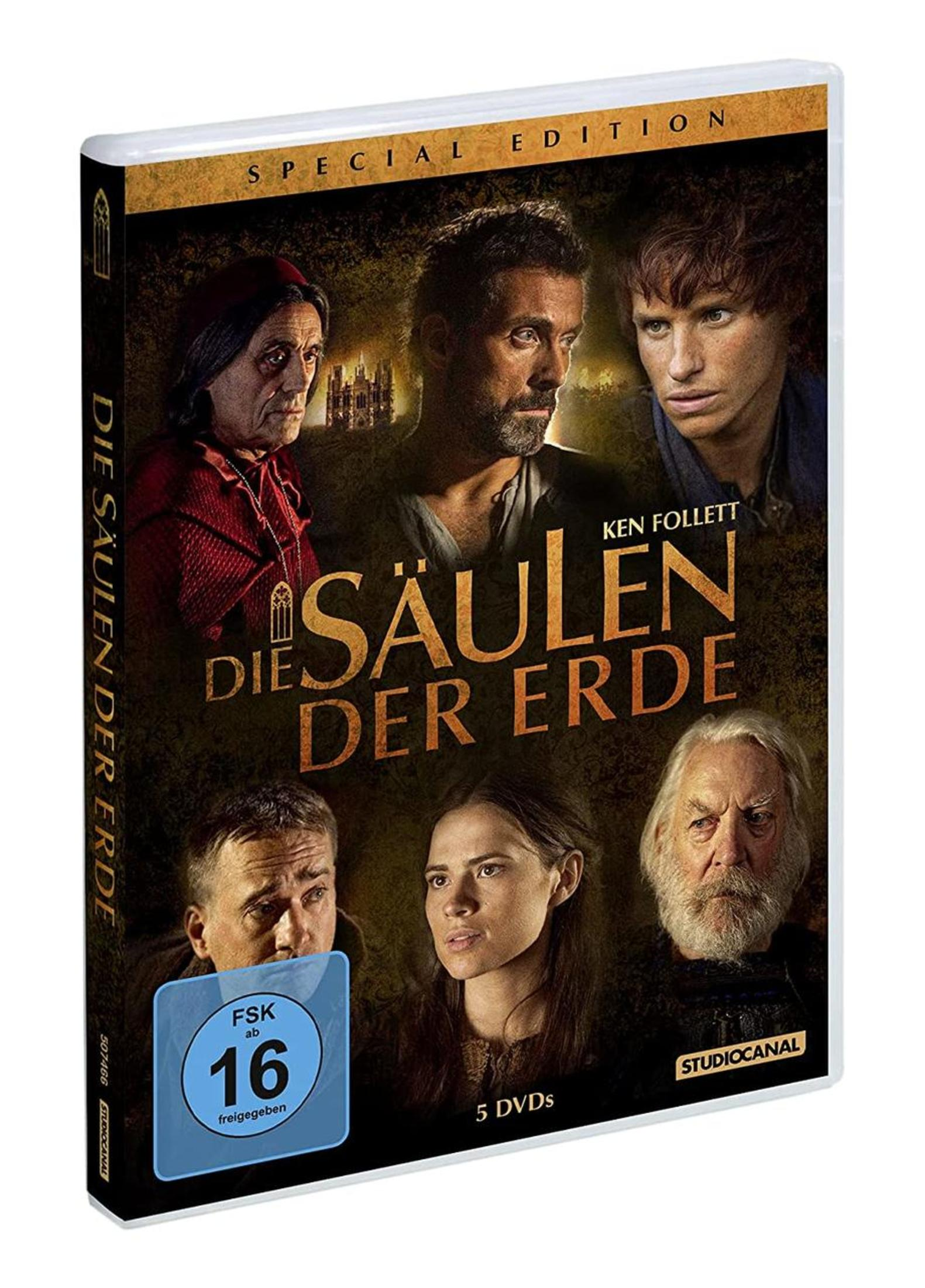 DVD-Cover von 'Die Säulen der Erde' mit mehreren Charakteren und dem Titel in der Mitte.