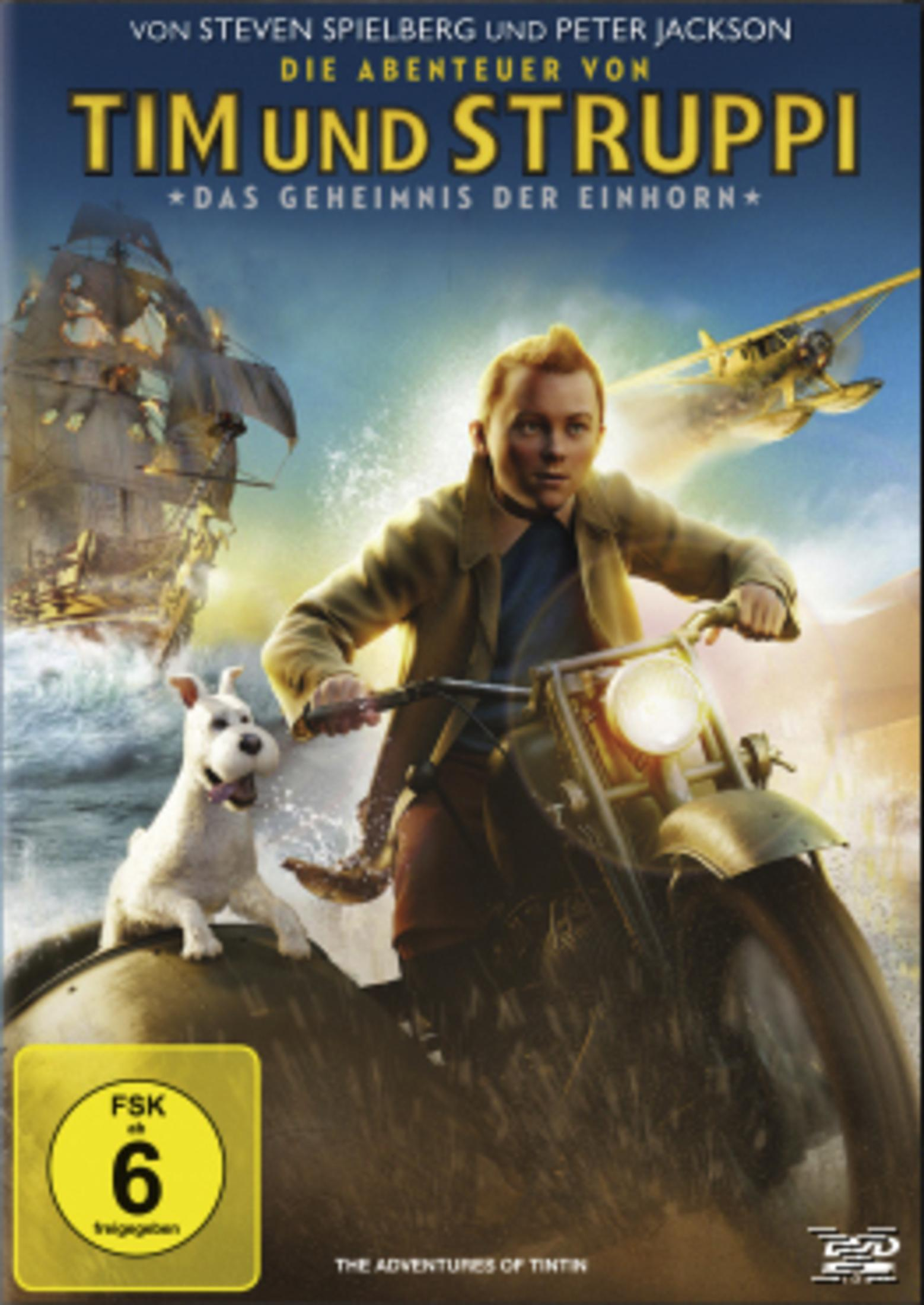 DVD-Cover von Tim und Struppi mit Tim auf einem Motorrad, seinem Hund Struppi, einem Schiff und einem Flugzeug.