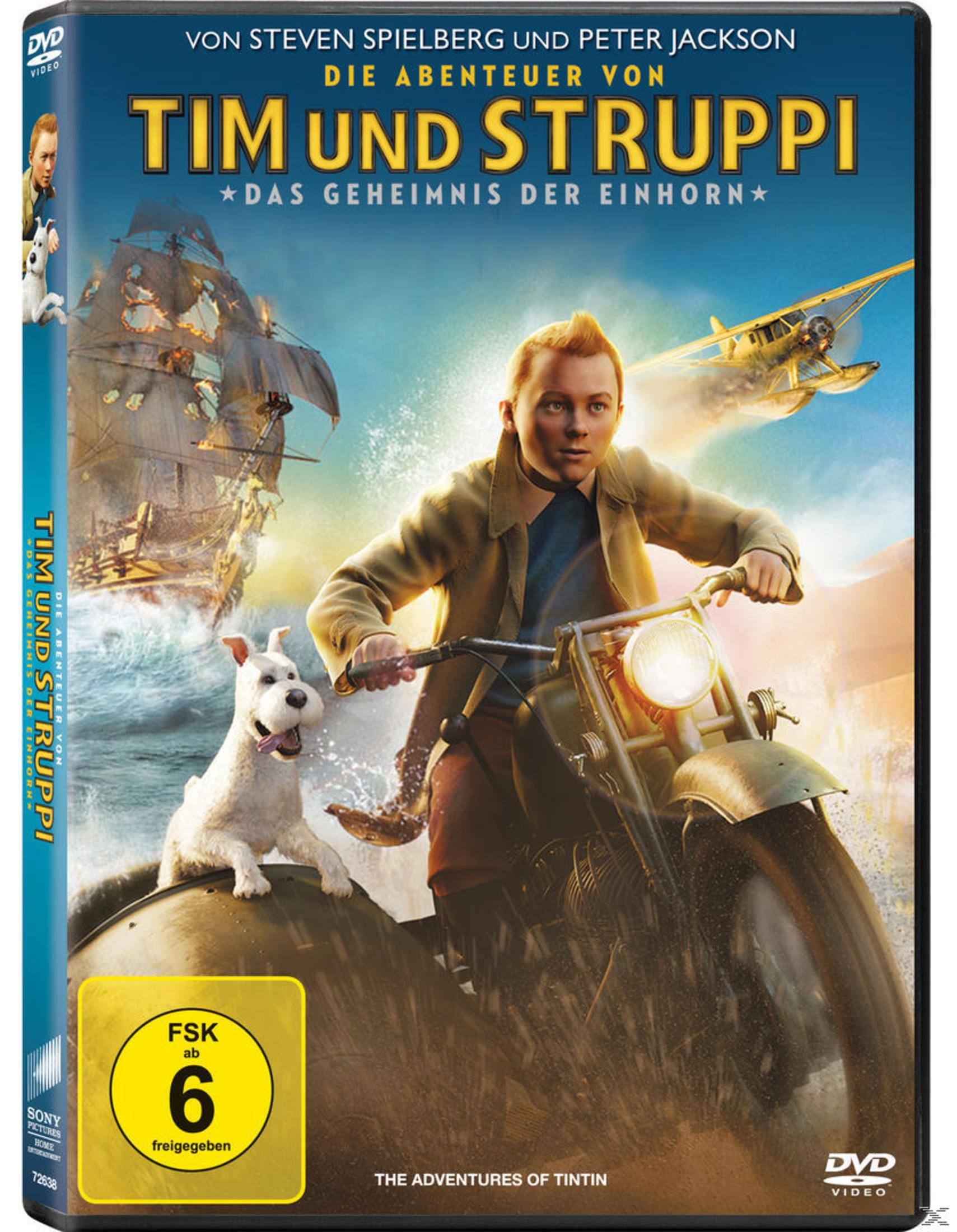 DVD-Cover von Tim und Struppi mit Tim auf einem Motorrad, seinem Hund, einem Schiff und einem Flugzeug.