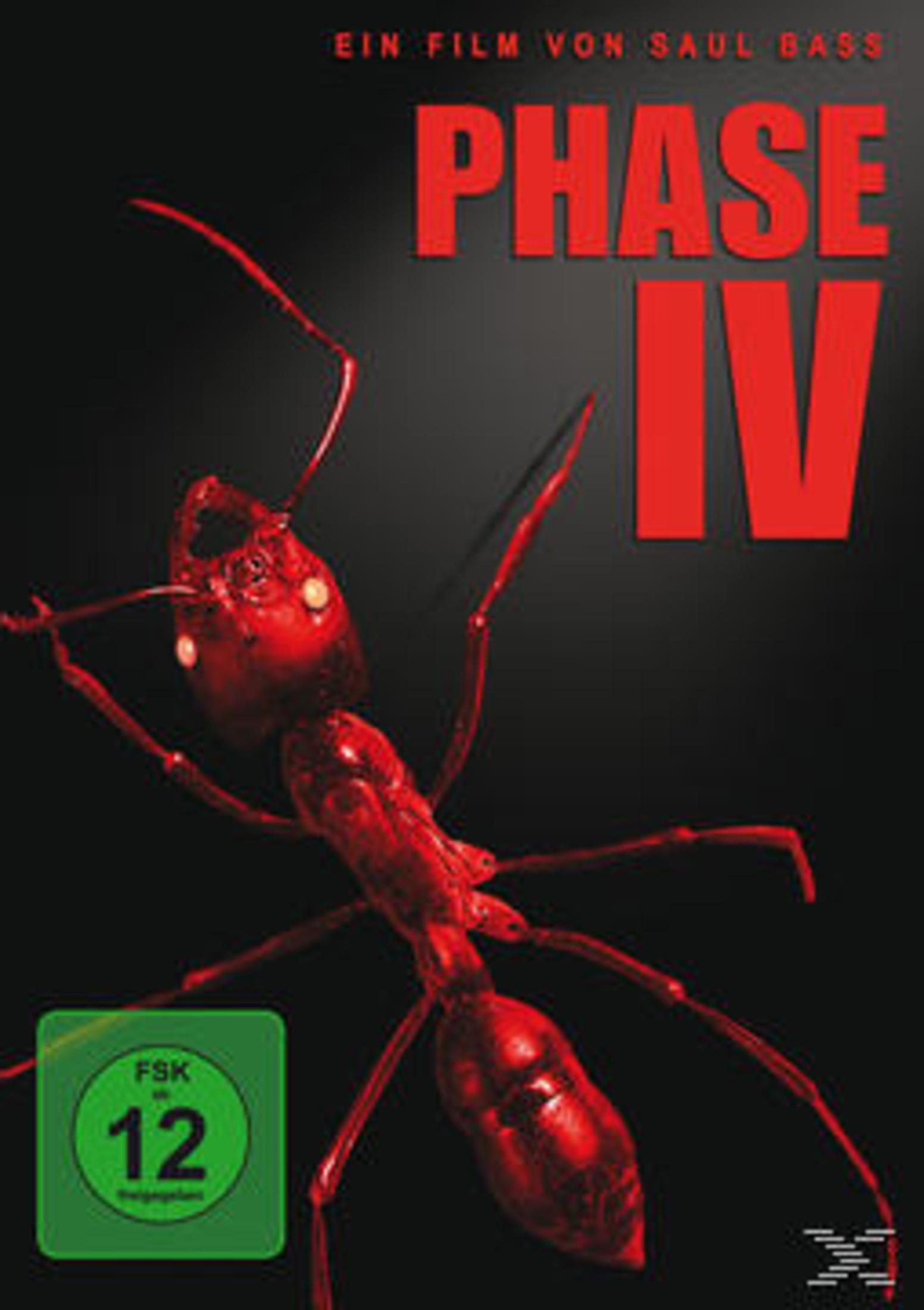 Eine rote Ameise vor schwarzem Hintergrund mit rotem Text Phase IV.