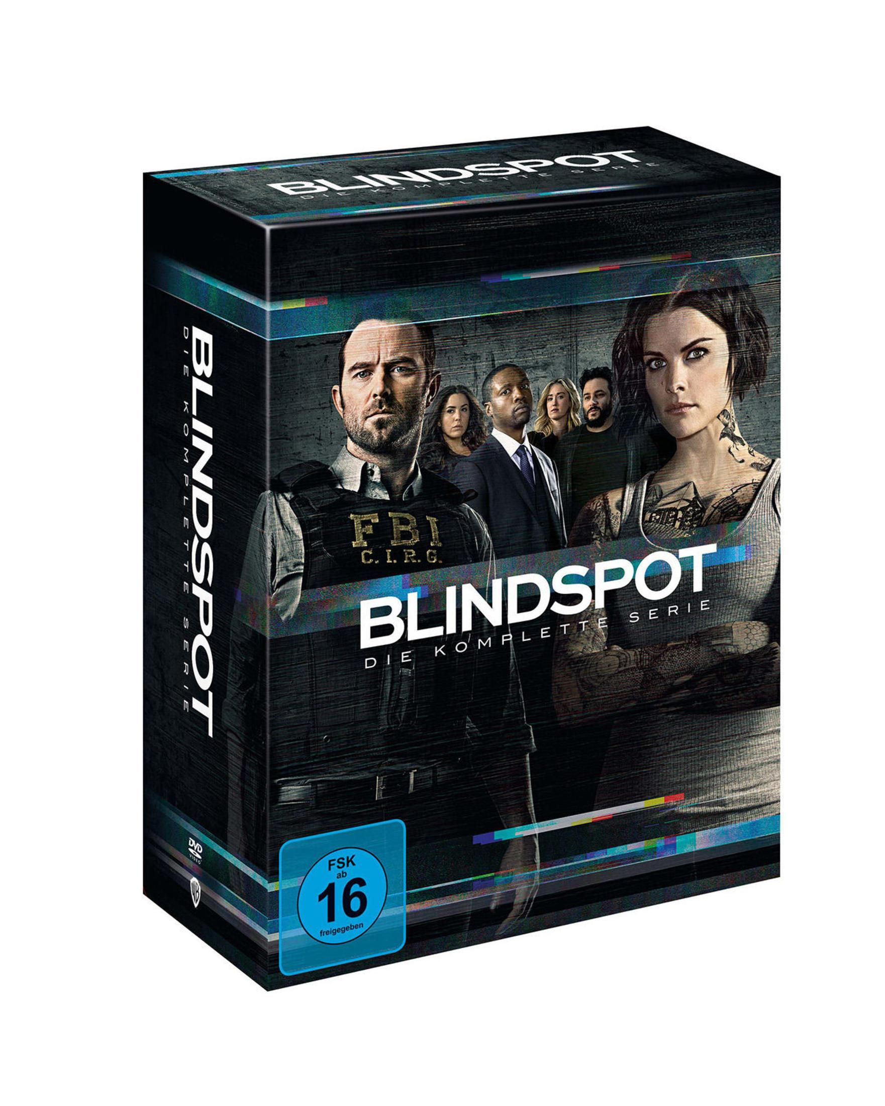 DVD-Box der TV-Serie Blindspot mit Hauptdarstellern und FSK-16-Logo.