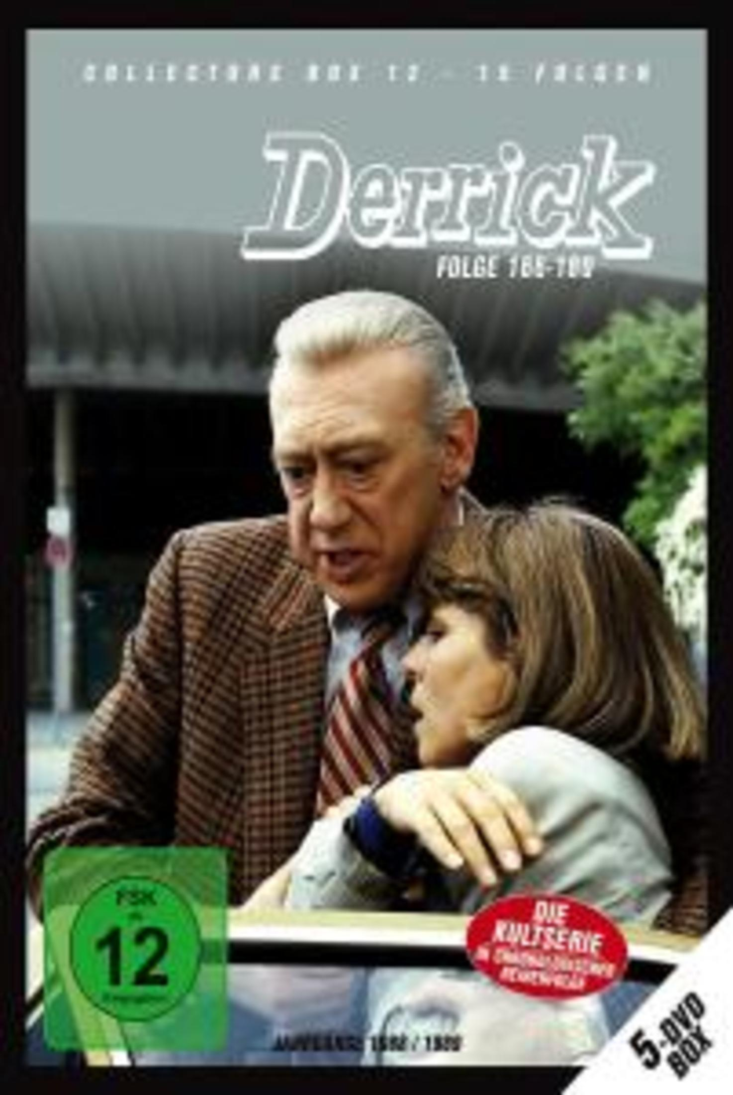 DVD-Cover der Derrick-Kultserie mit einem besorgten älteren Mann und einer Frau, die vor einem Gebäude stehen.