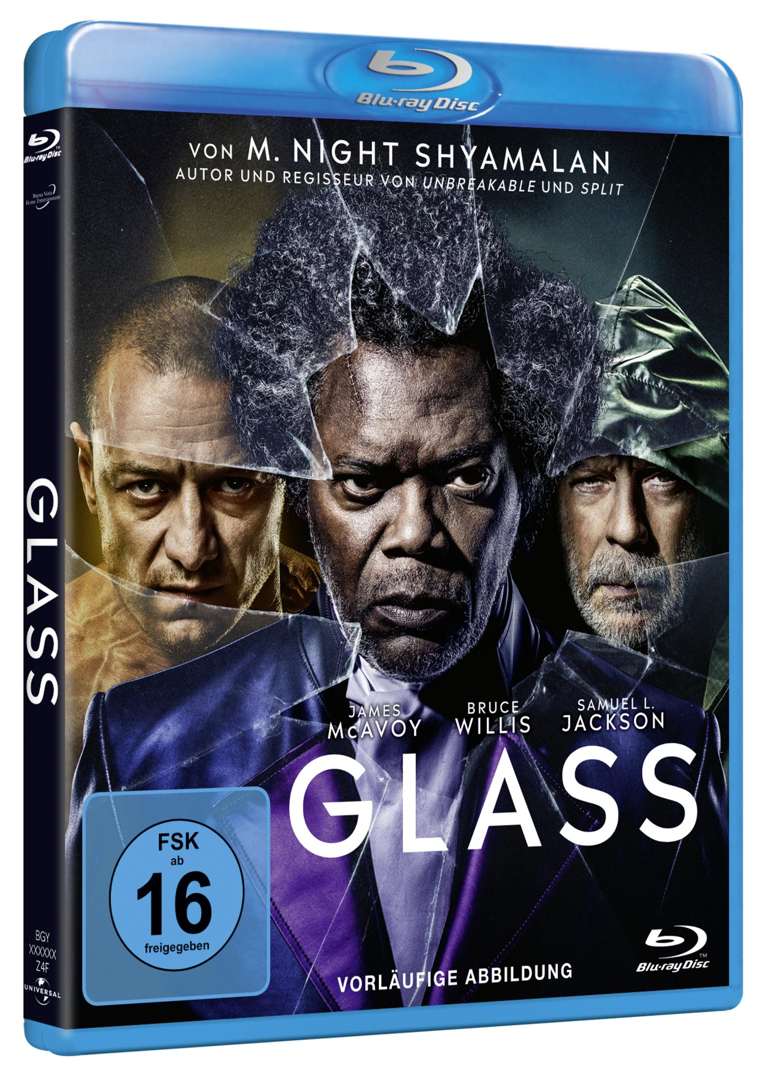 Blu-Ray-Hülle des Films Glass mit James McAvoy, Bruce Willis und Samuel L. Jackson hinter Glassplittern.