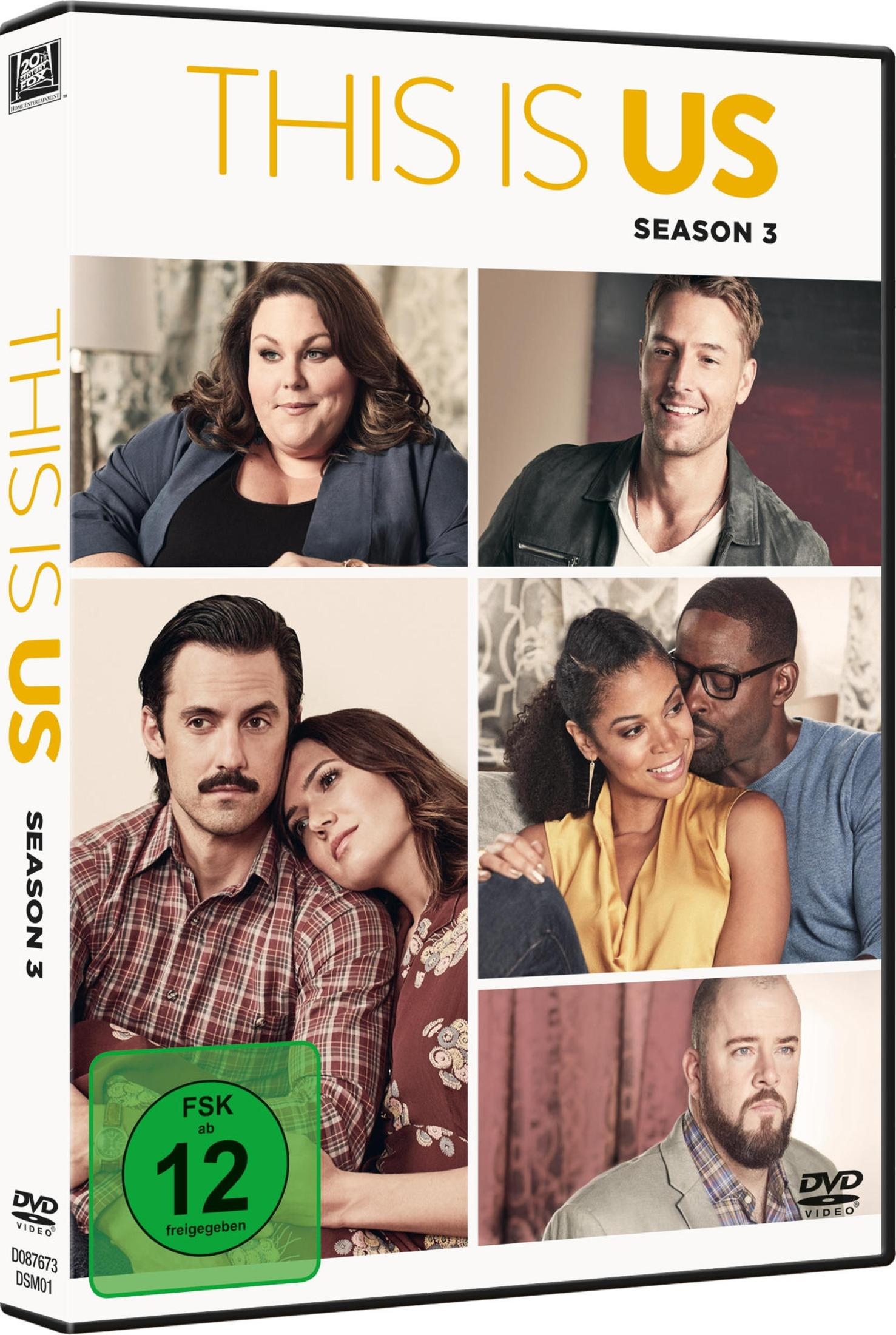 DVD-Cover von "This Is Us" Staffel 3 mit sechs Charakteren in verschiedenen Porträts und FSK-12-Logo.