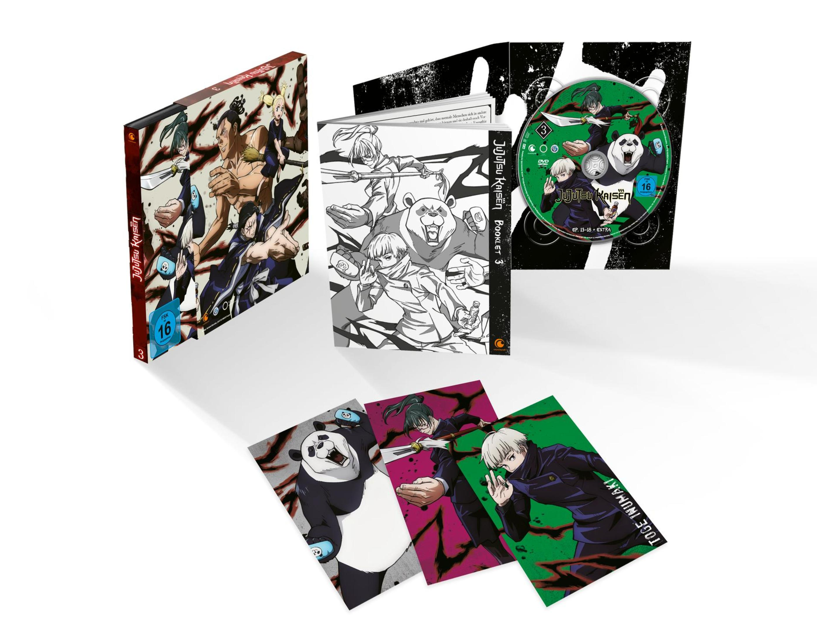 Jujutsu Kaisen Volume 3 Mediabook mit Booklet, DVD und drei Charakterkarten vor weißem Hintergrund.