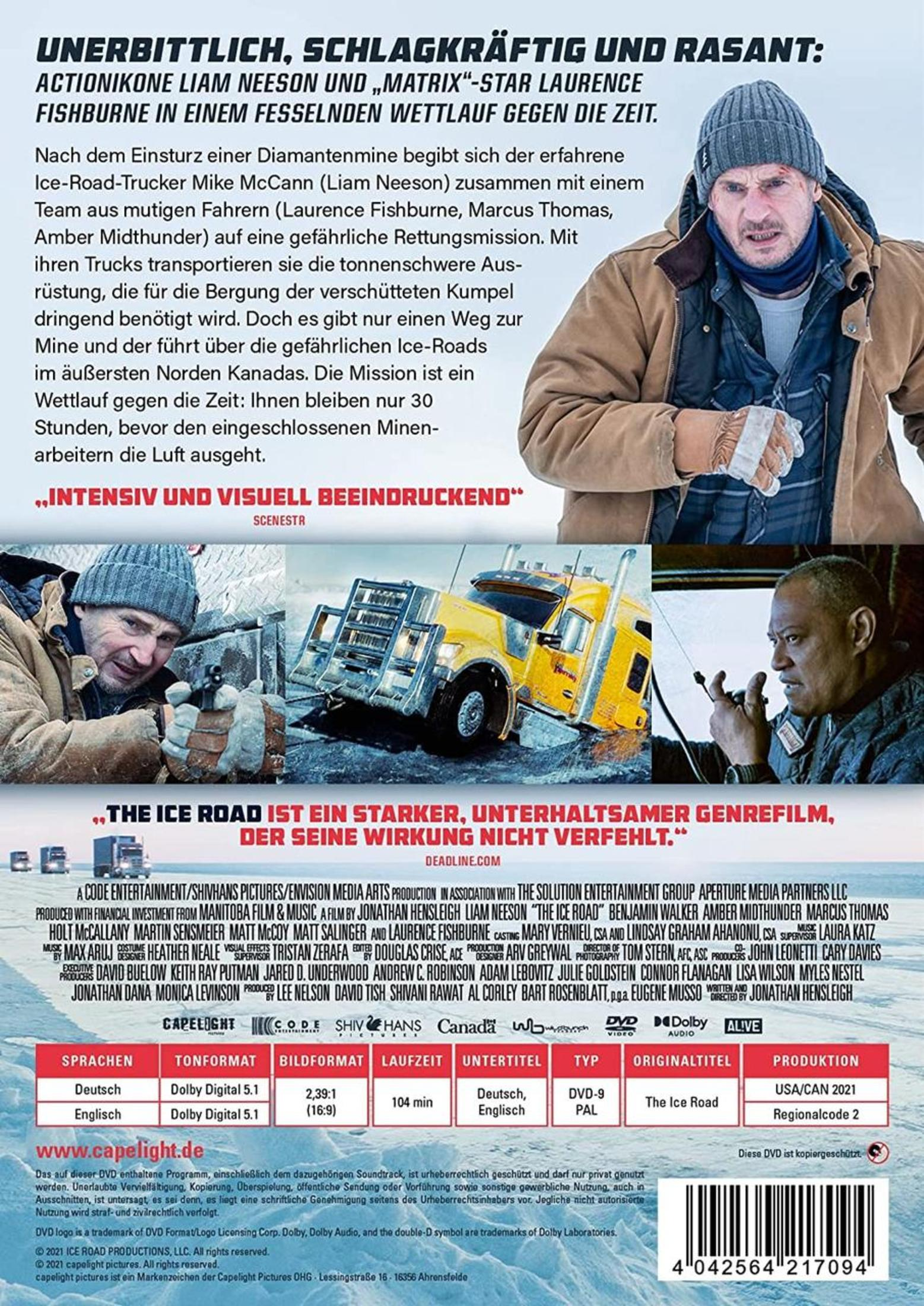 DVD-Cover des Films "The Ice Road" mit Liam Neeson und Laurence Fishburne vor einer winterlichen Lkw-Szenerie.