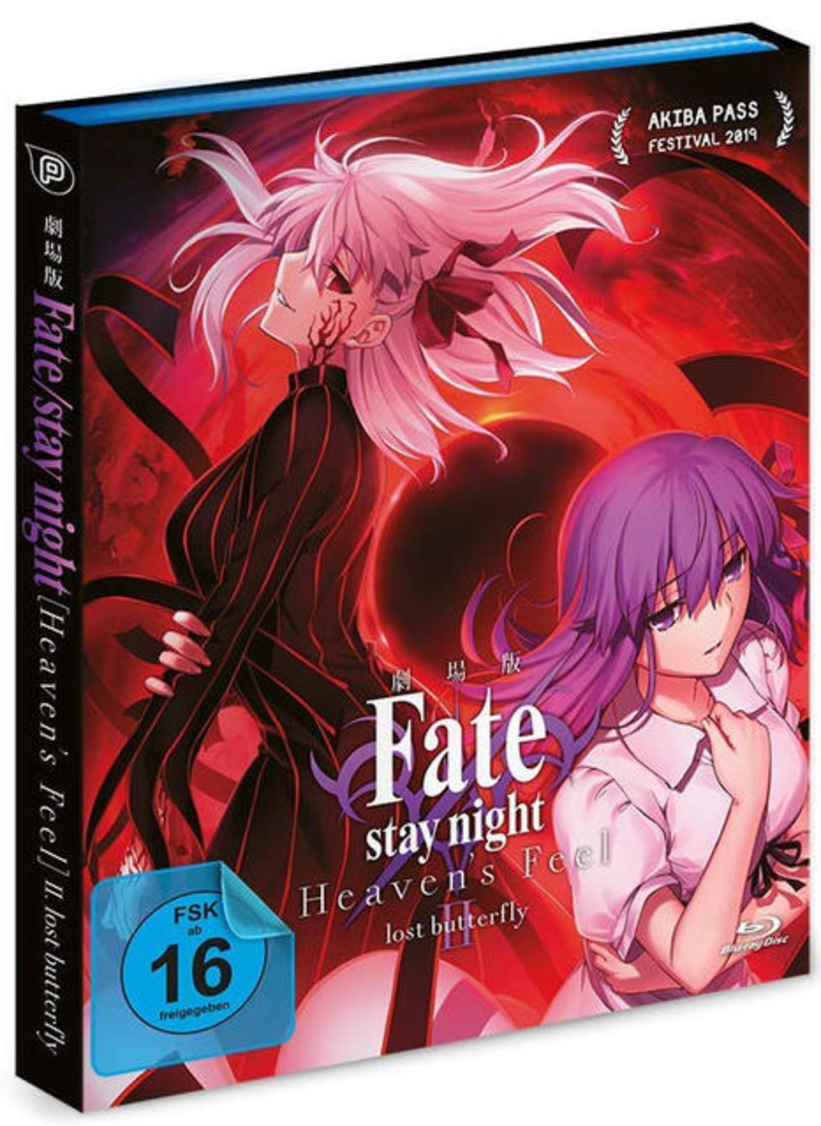 Blu-ray-Cover von Fate/stay night Heaven's Feel II mit zwei weiblichen Anime-Figuren vor rotem Hintergrund.