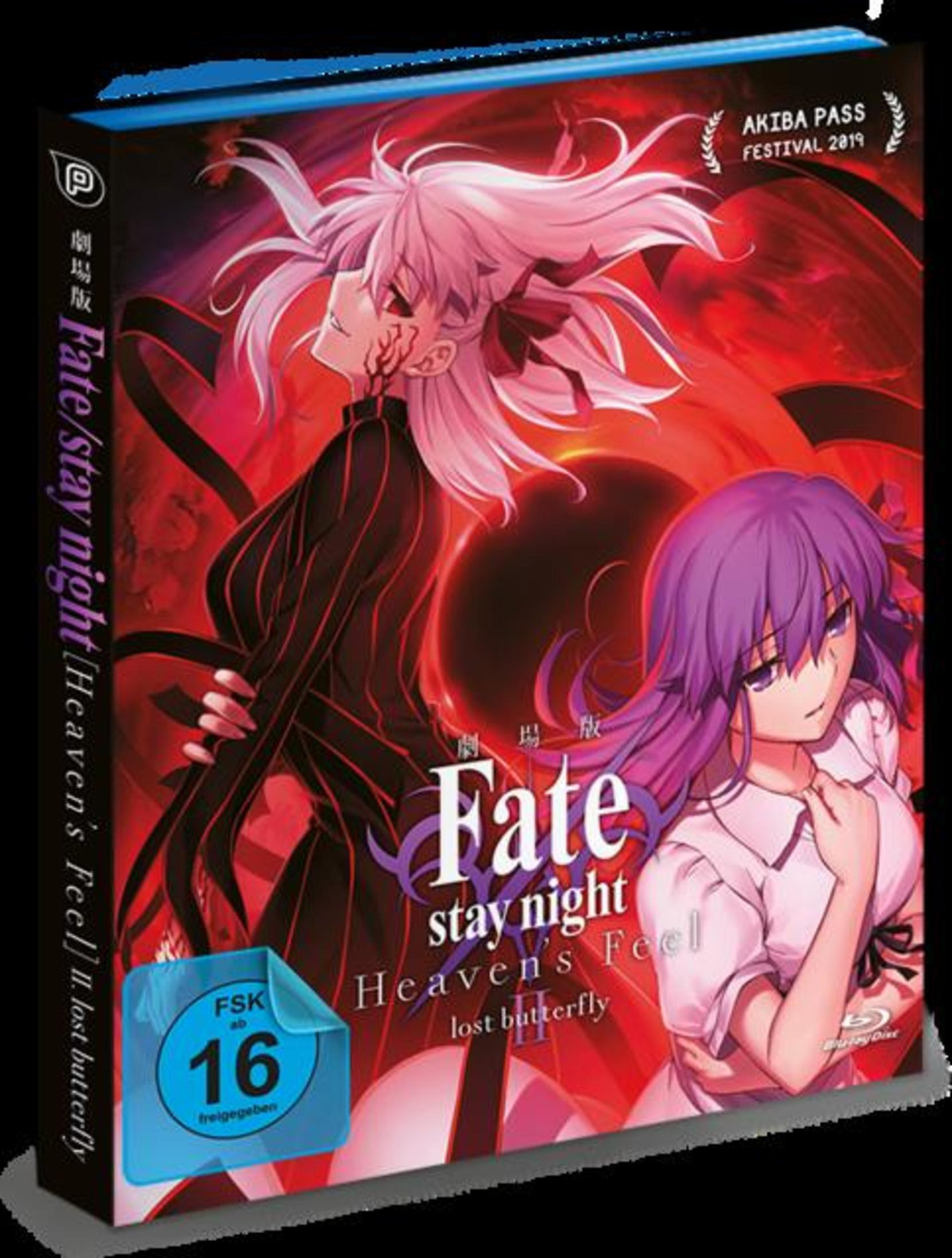 Blu-ray-Cover von Fate/stay night: Heaven's Feel II mit zwei Anime-Mädchen vor rotem Hintergrund.