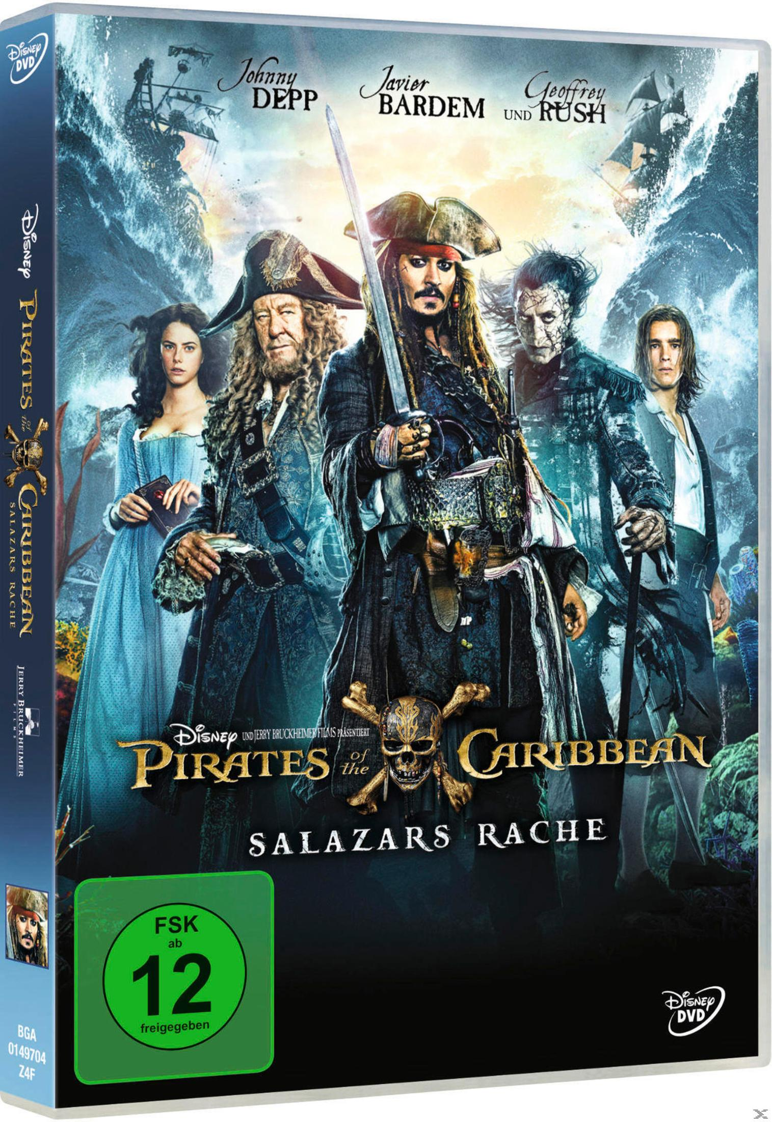 DVD-Cover von Fluch der Karibik: Salazars Rache mit Hauptdarstellern und tobender See im Hintergrund.