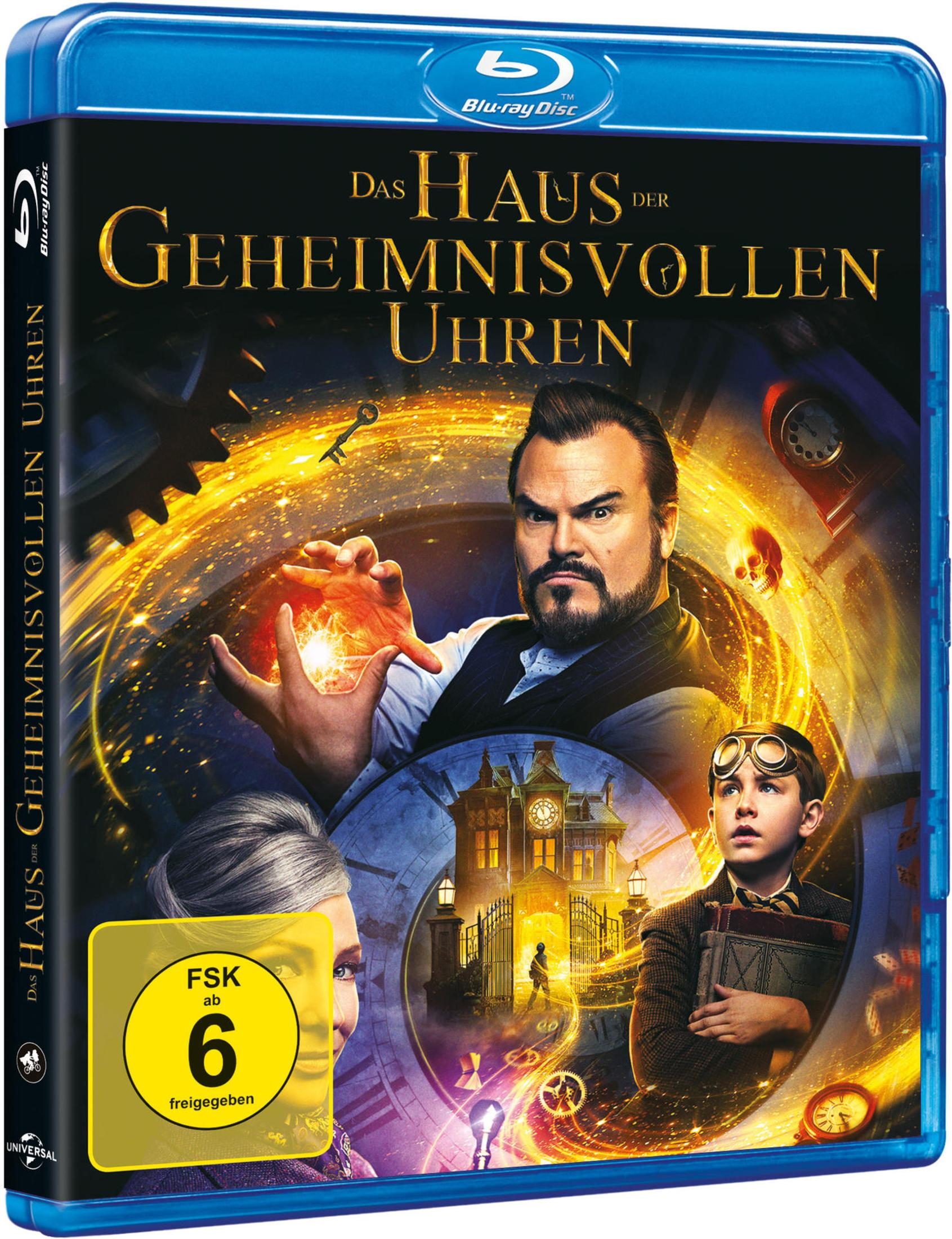 Blu-ray-Hülle des Films Das Haus der geheimnisvollen Uhren mit Jack Black und einem Jungen vor einer Uhr.