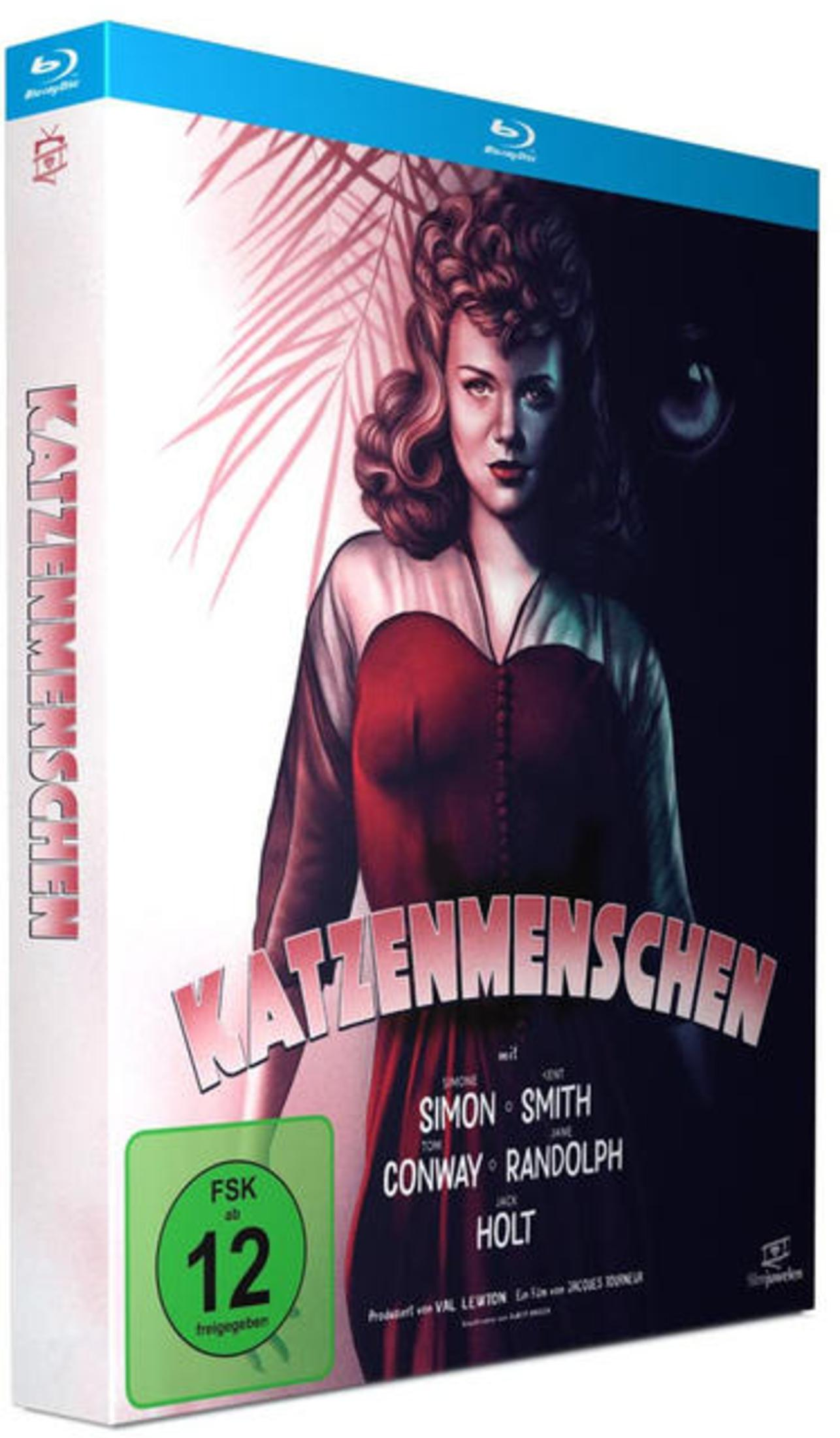 Blu-ray-Hülle für 'Katzenmenschen' mit einer Frau im roten Kleid, Palmblättern und einem Katzenauge.