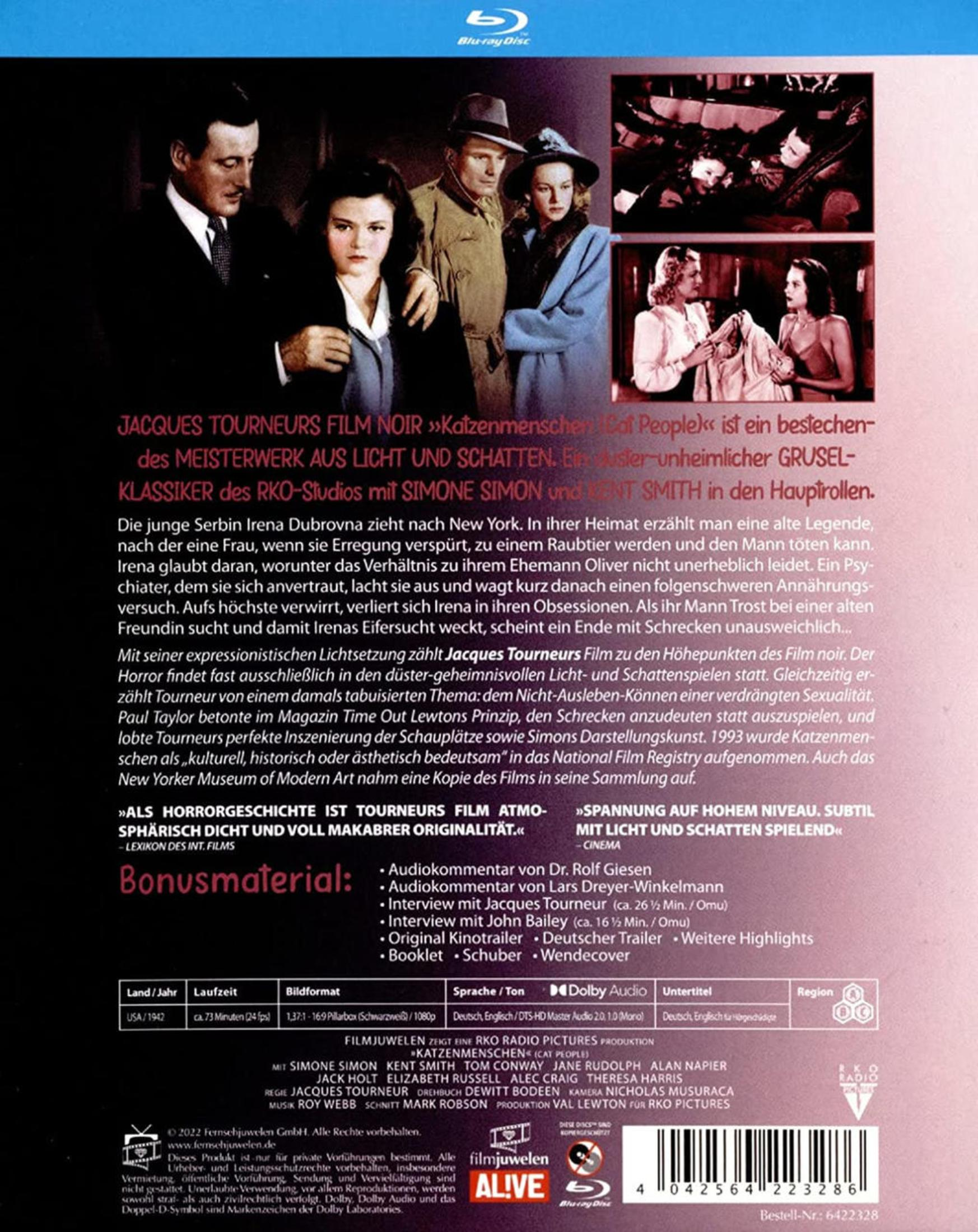 Rückseite einer Blu-ray-Hülle des Films Katzenmenschen mit Szenenbildern, Texten und technischen Angaben.