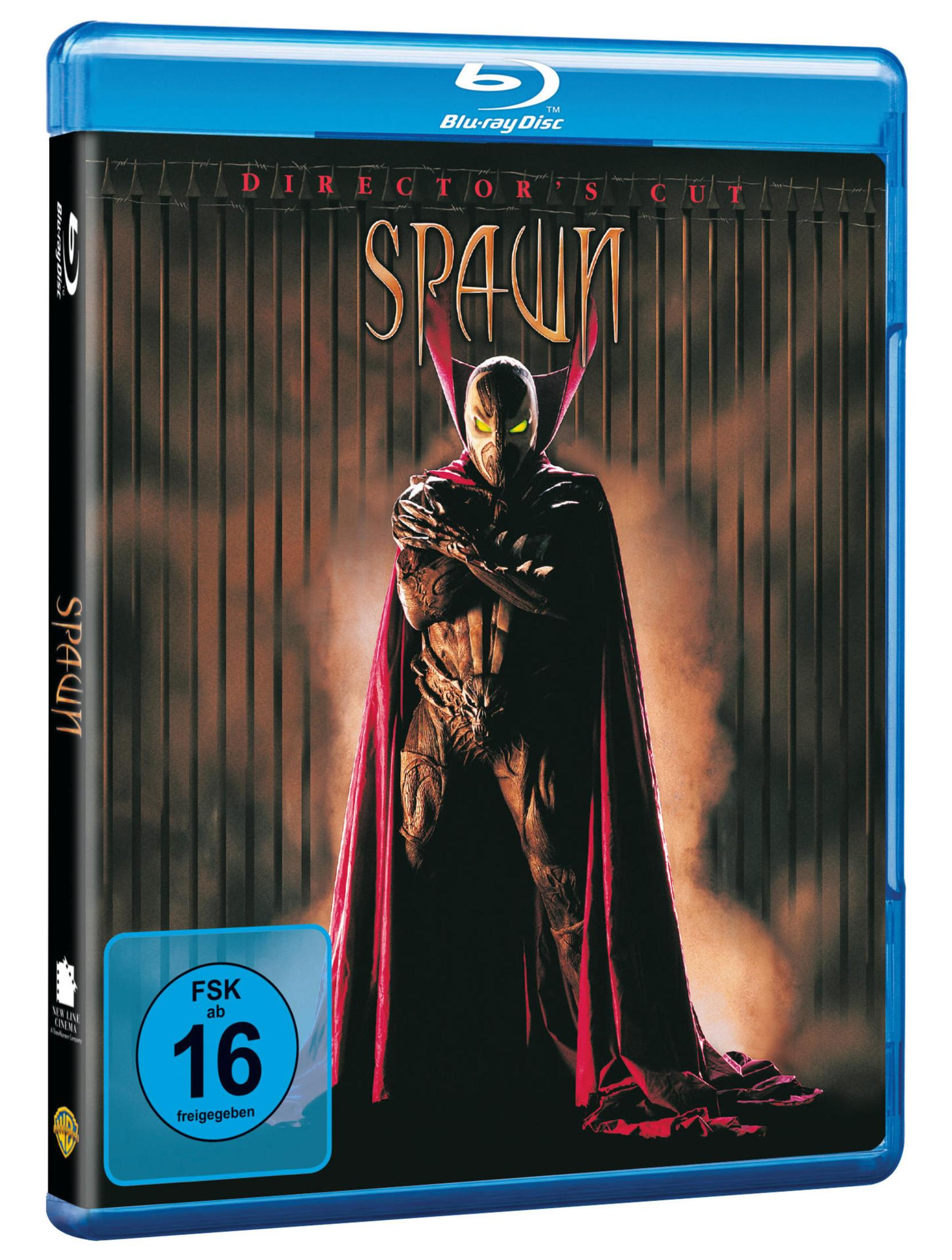 Spawn Blu-Ray-Cover mit der gepanzerten Figur im roten Umhang vor einem Zaun.
