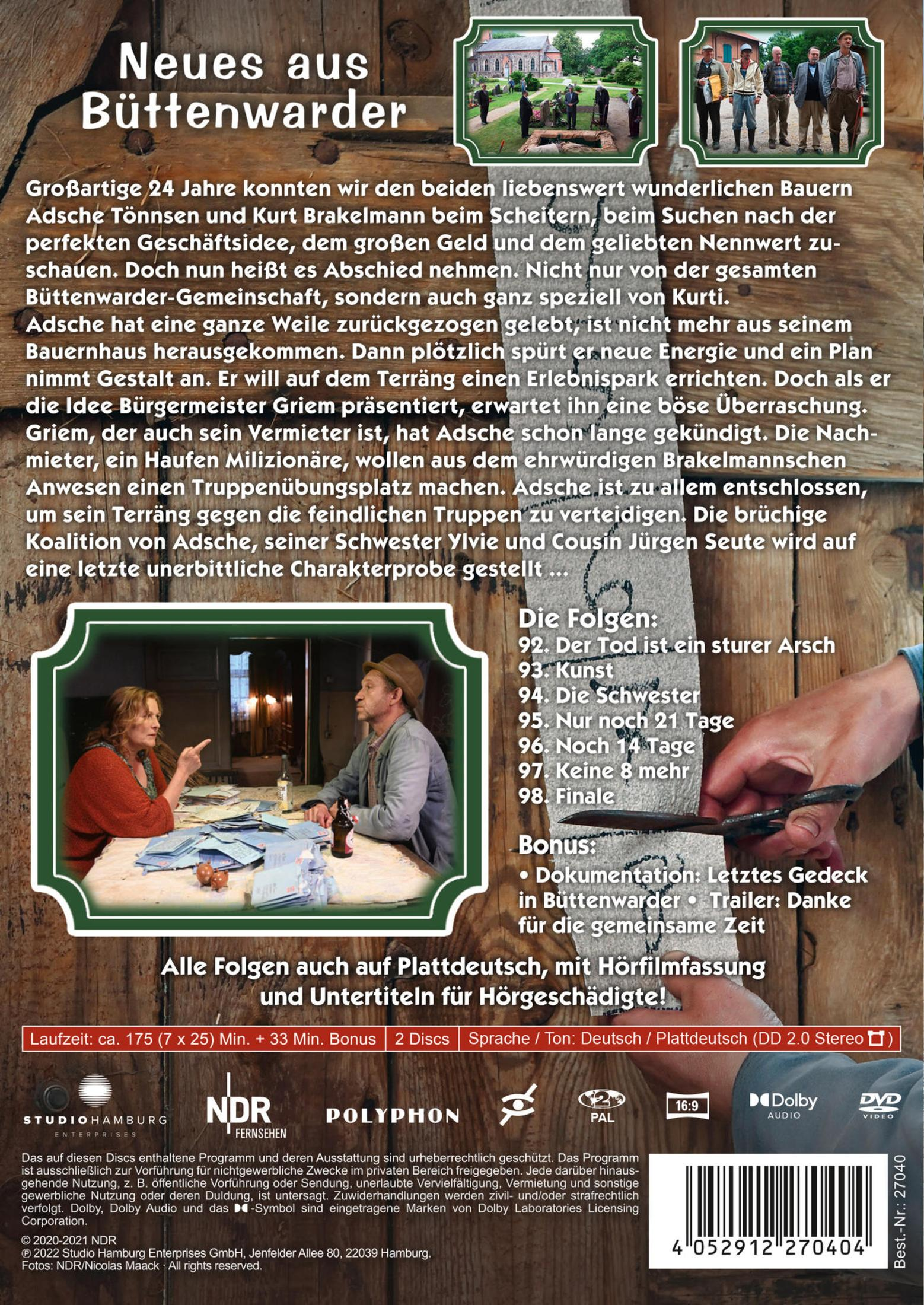 DVD-Cover von Neues aus Büttenwarder mit Text, Szenenbildern und Episodenliste auf Holzfurnier-Hintergrund.