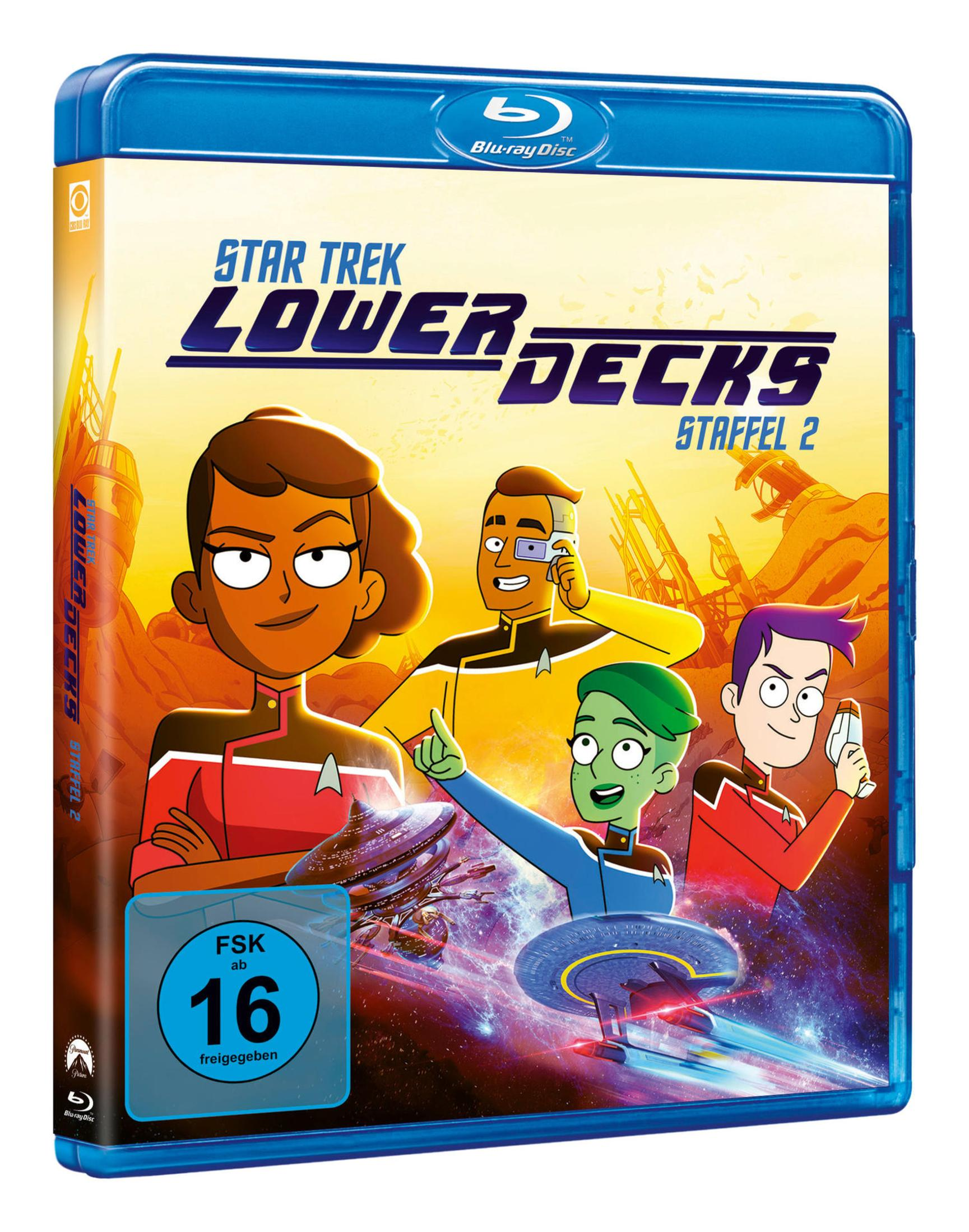 Star Trek: Lower Decks Staffel 2 Blu-ray-Hülle mit vier animierten Charakteren und Raumschiffen vor gelbem Hintergrund.