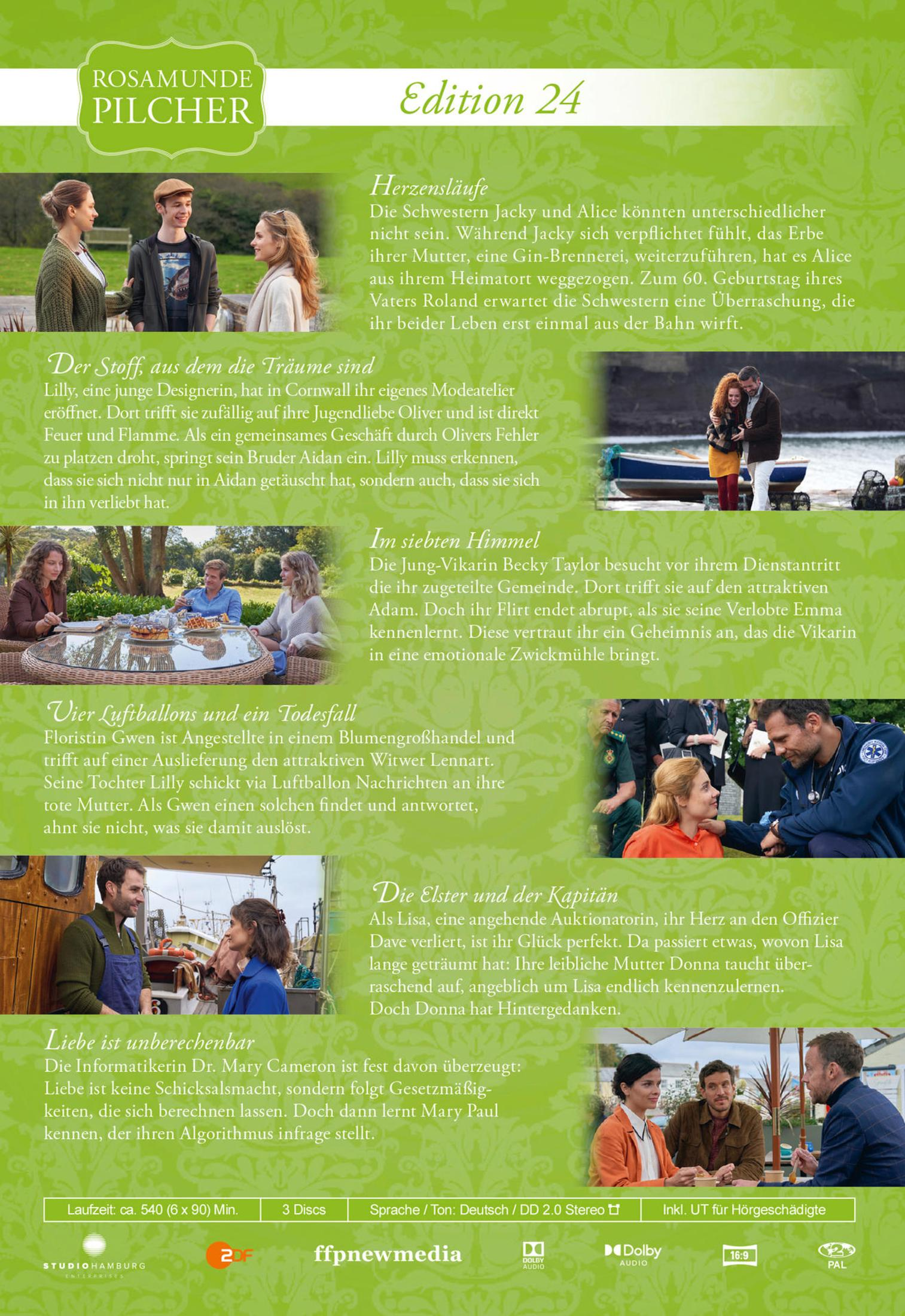 Rosamunde Pilcher Edition 24 Plakat mit sechs verschiedenen Film-Szenen und Texten vor grünem Hintergrund.