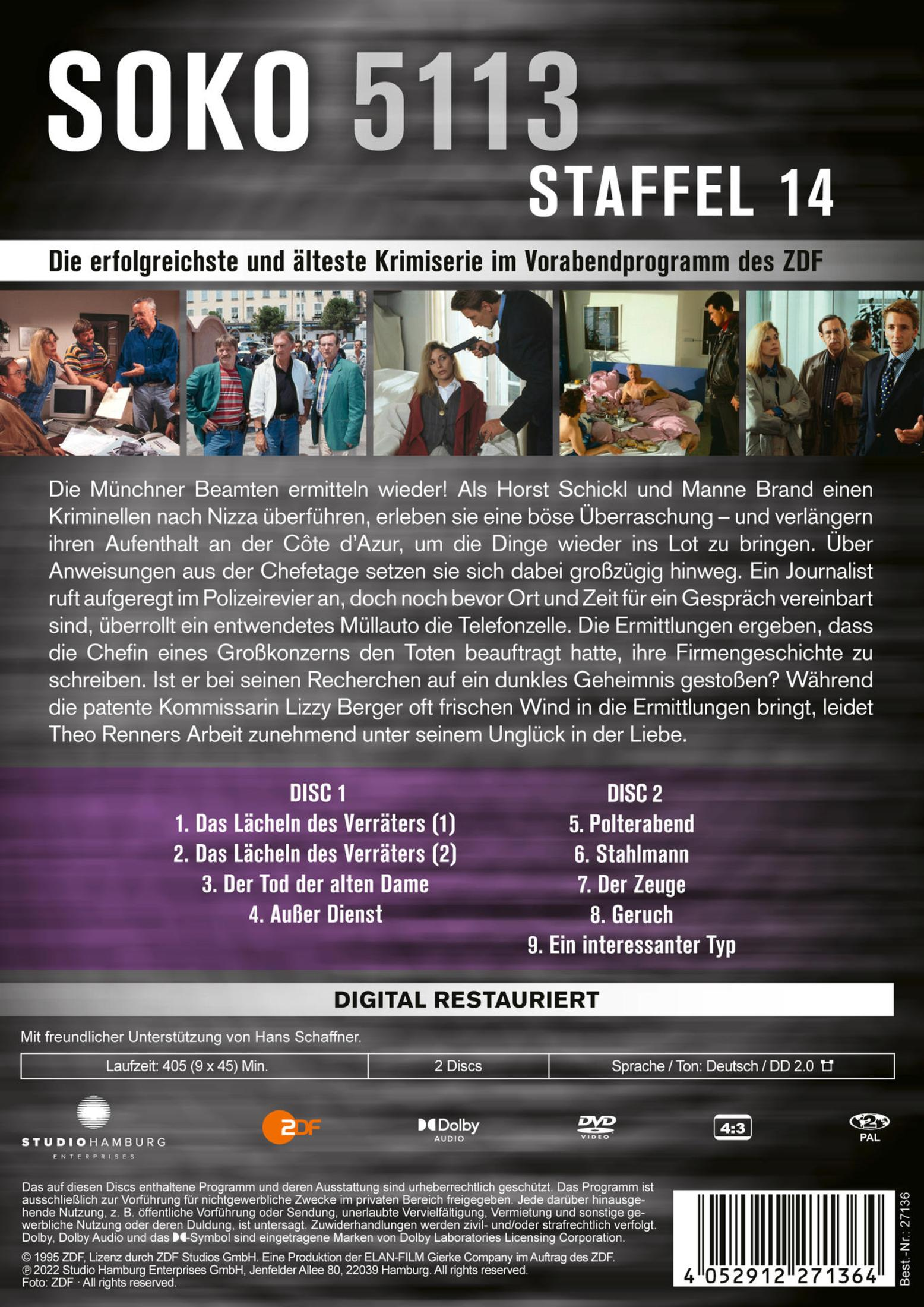 DVD-Cover von SOKO 5113, Staffel 14 mit Szenenfotos, Text und Episodenliste.