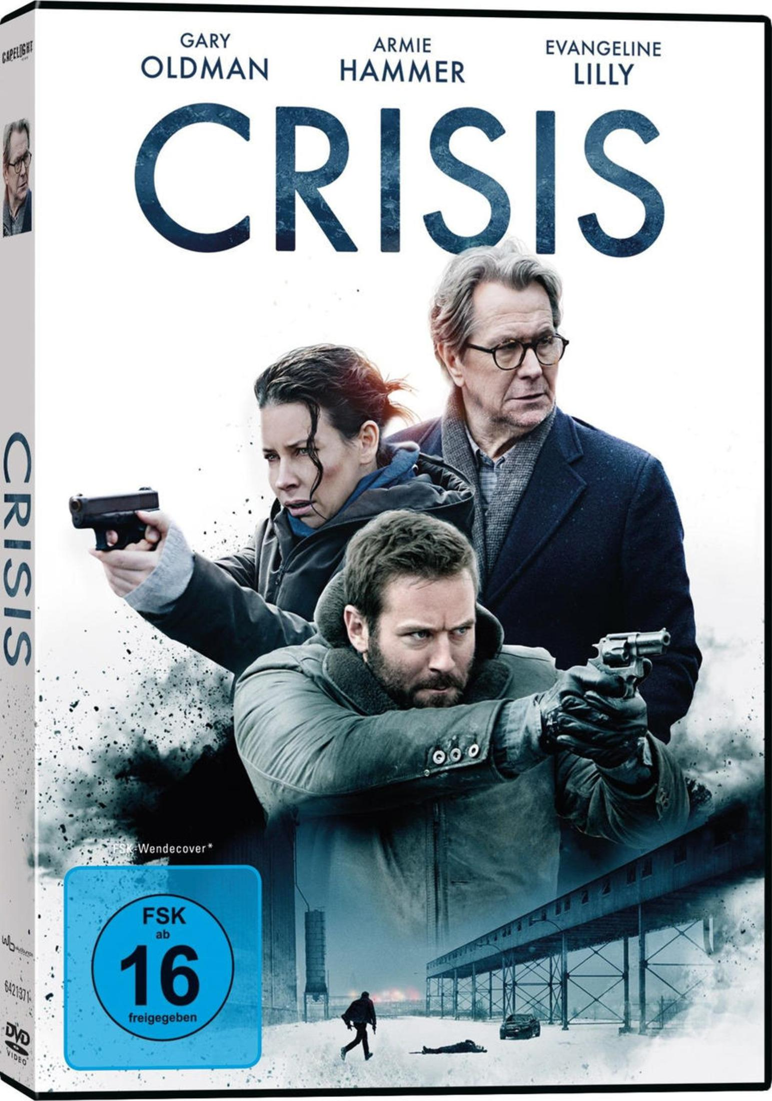 DVD-Cover des Films Crisis mit Gary Oldman, Armie Hammer und Evangeline Lilly, die mit Waffen zielen.