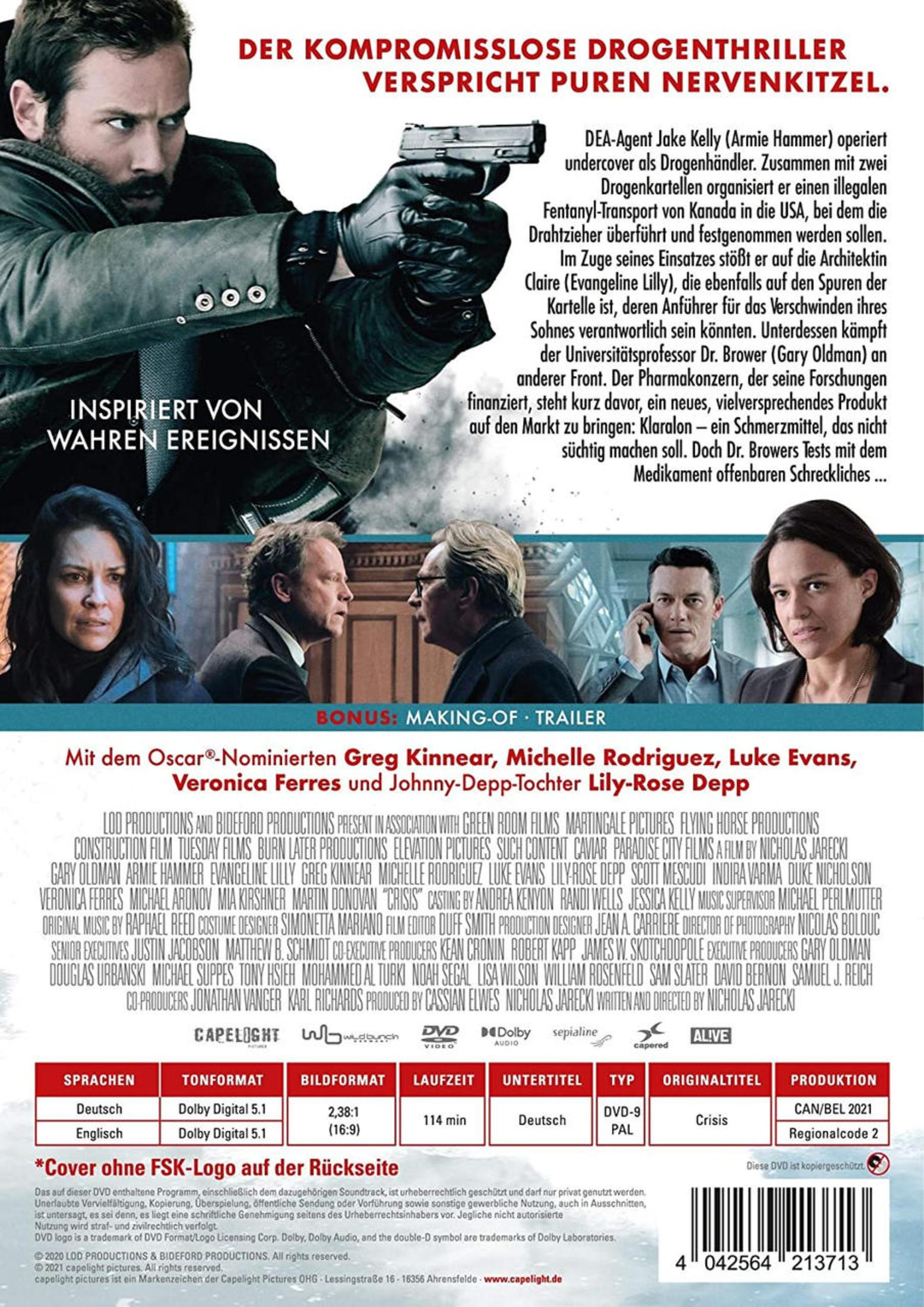 Rückseite einer DVD-Hülle des Films Crisis mit Cast-Fotos, Handlungstext, technischen Details und Barcode.
