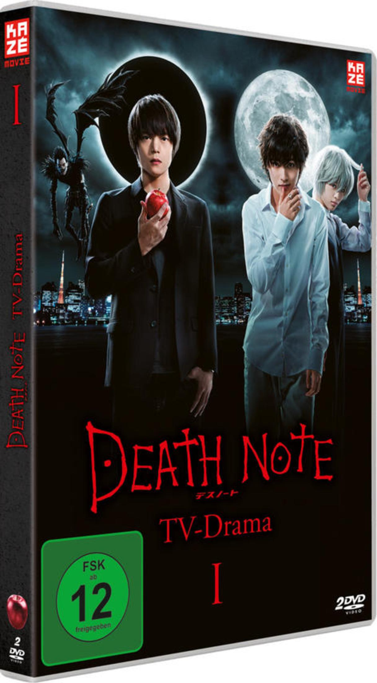 DVD-Hülle des Death Note TV-Dramas mit drei Figuren, einem Shinigami und einer nächtlichen Stadt-Kulisse.