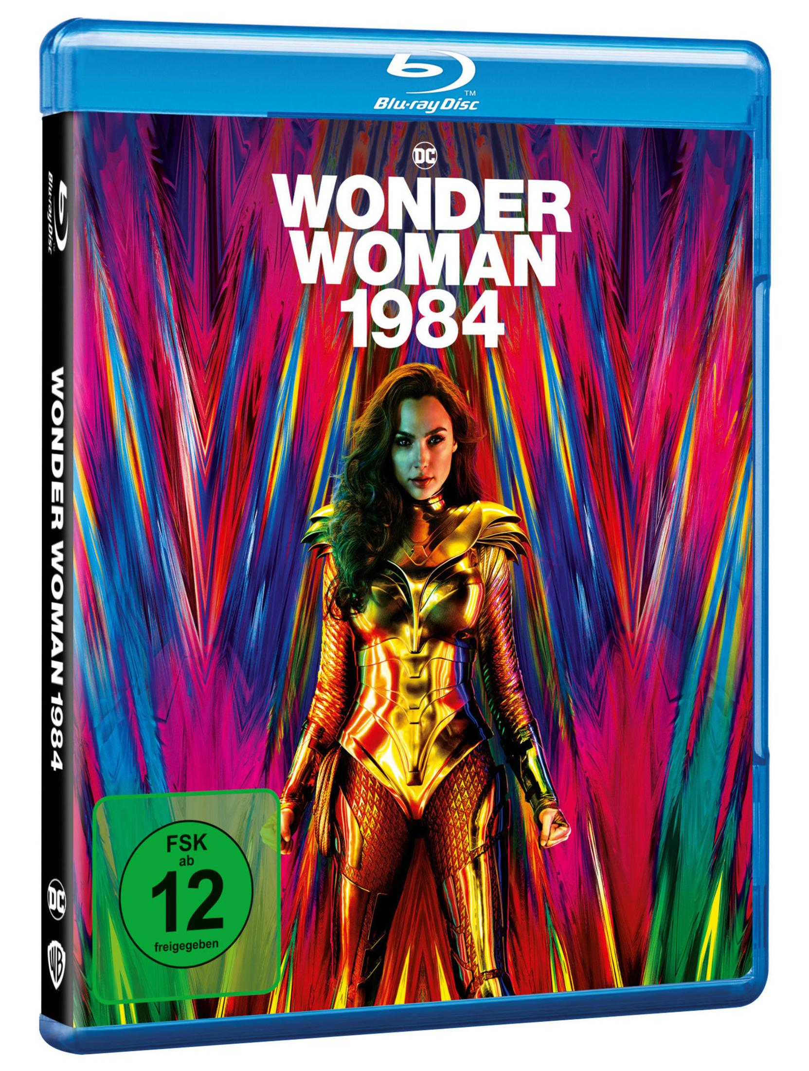 Wonder Woman 1984 Blu-ray-Hülle mit Wonder Woman in goldener Rüstung vor buntem Hintergrund.