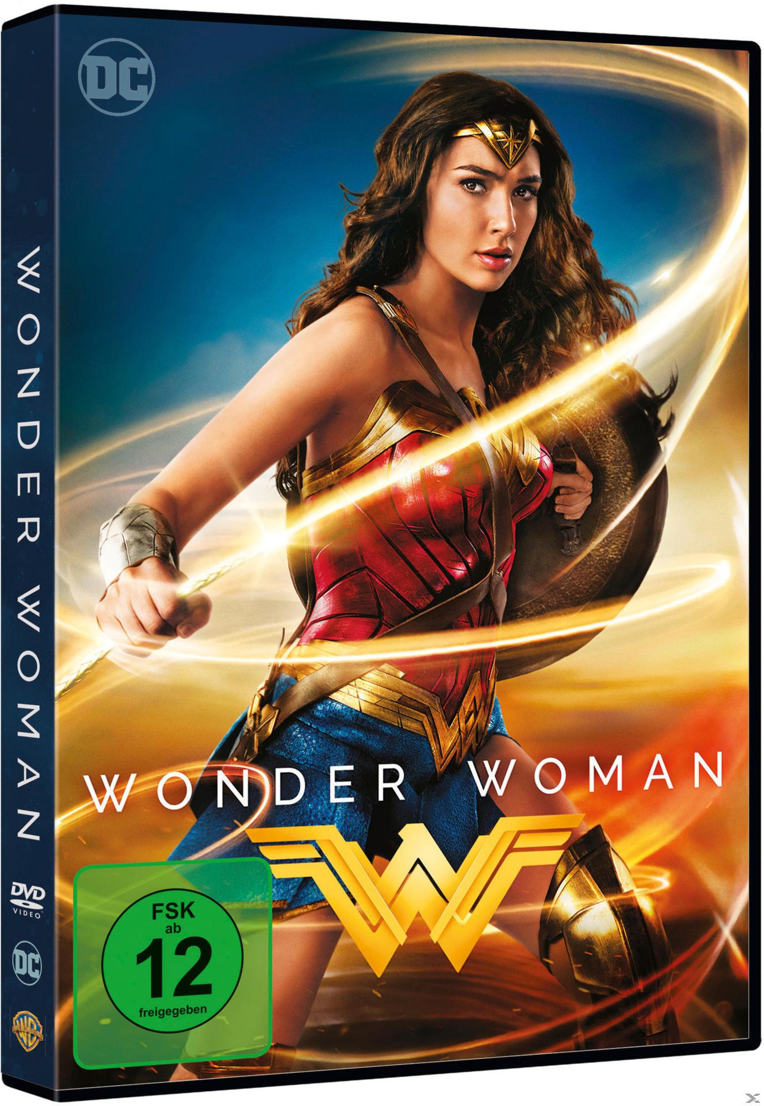 Wonder Woman DVD-Hülle mit Gal Gadot in rot-goldener Rüstung und Lasso vor dunklem Hintergrund.