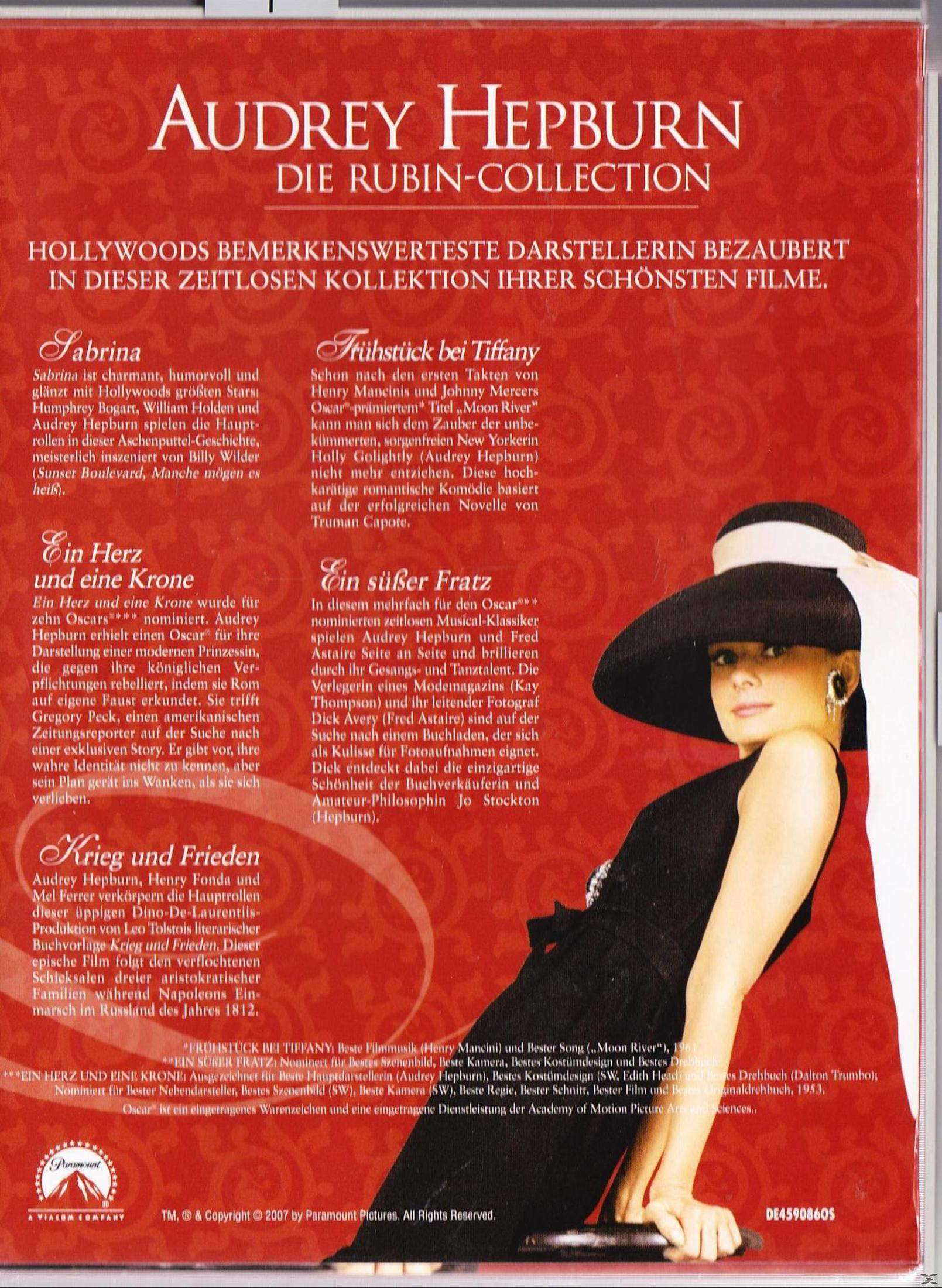 Audrey Hepburn Kollektion mit Texten auf Rot und Foto von Audrey Hepburn in schwarzem Kleid.