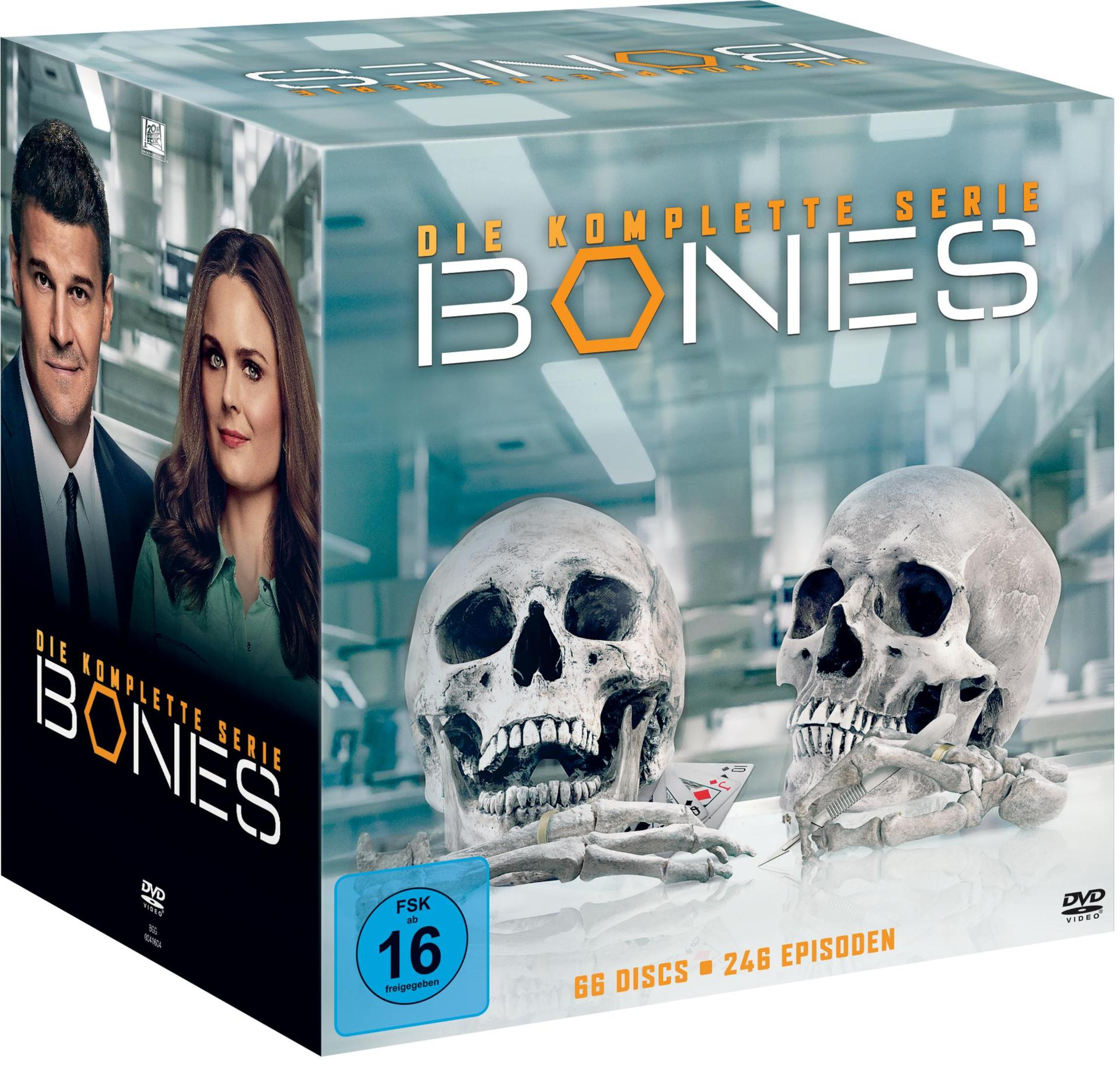 DVD-Box der Serie Bones mit zwei Menschen, zwei Totenköpfen und Text auf blauem Hintergrund.
