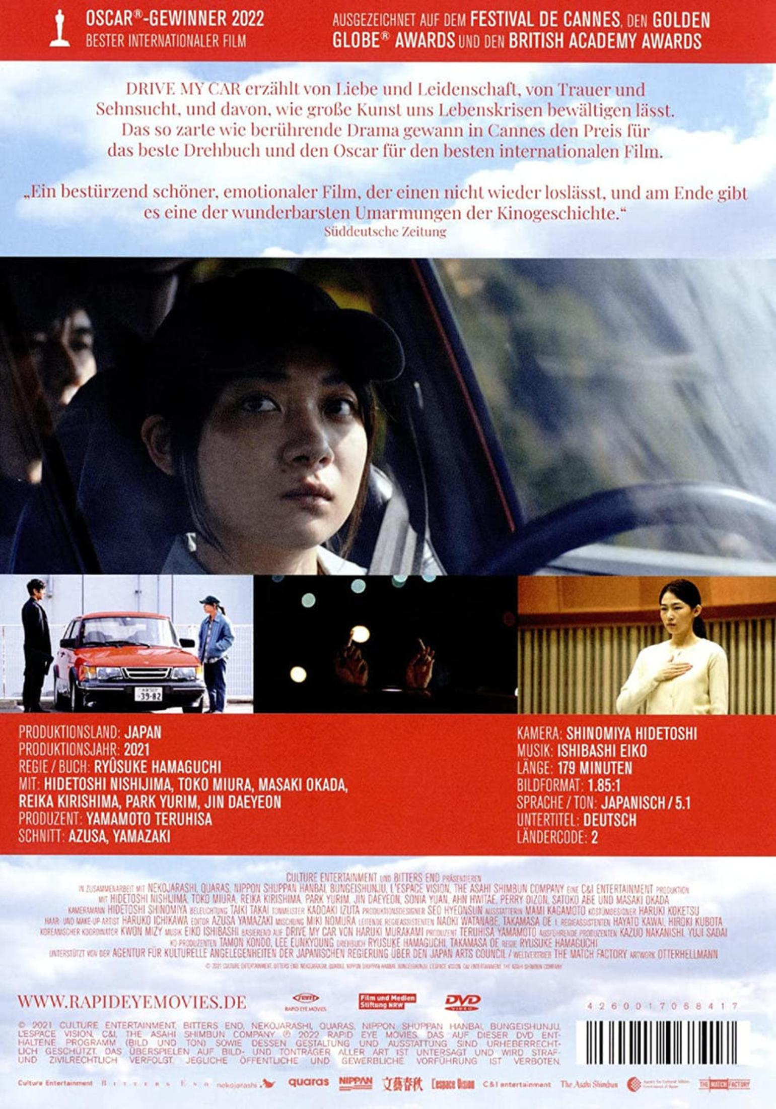 DVD-Cover für Drive My Car mit Frau im Auto, Zitaten, rotem Auto, Credits und Barcode.