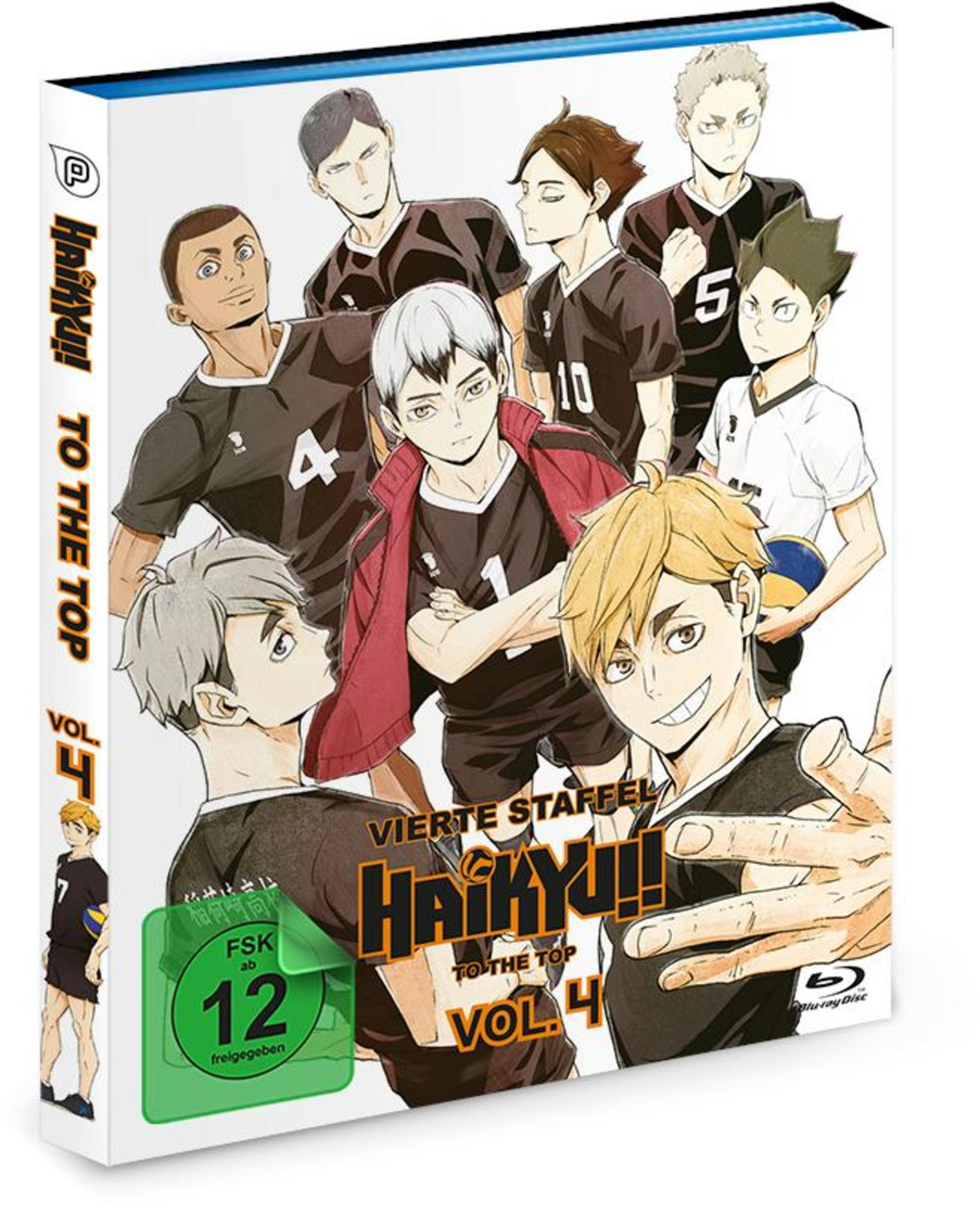 Anime-Blu-ray-Hülle Haikyu!! To The Top Vol. 4 mit sieben Volleyballspielern in schwarzen Trikots und einem FSK-12-Logo.