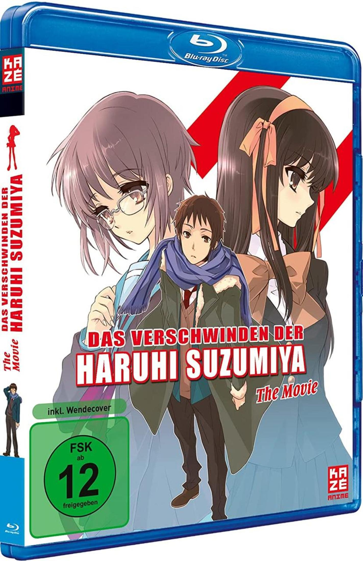 Anime-Blu-ray-Hülle von Haruhi Suzumiya mit drei Charakteren im Vordergrund.