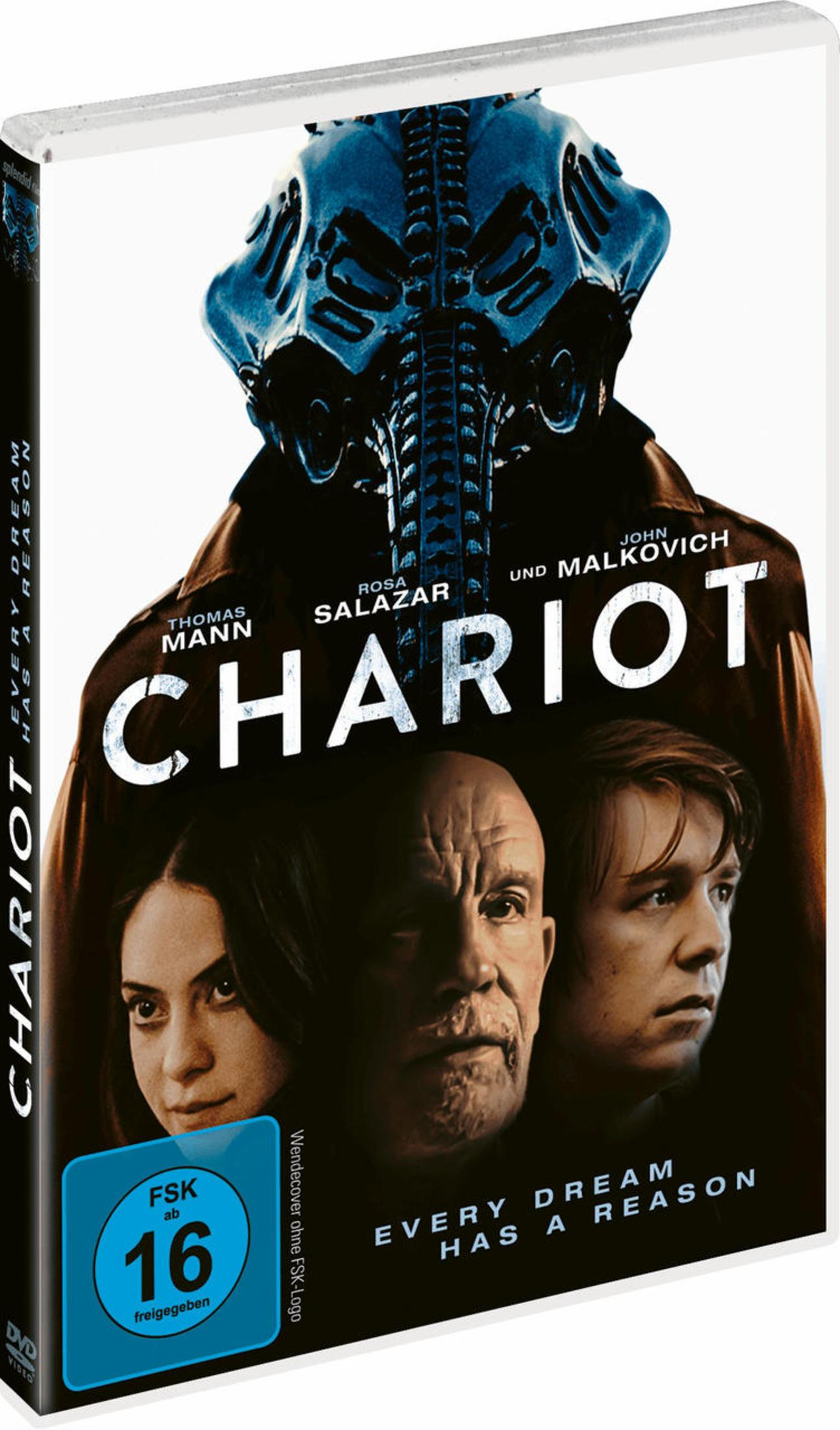 DVD-Hülle des Films Chariot mit drei Schauspielern unten und einer futuristischen Maskenfigur oben.