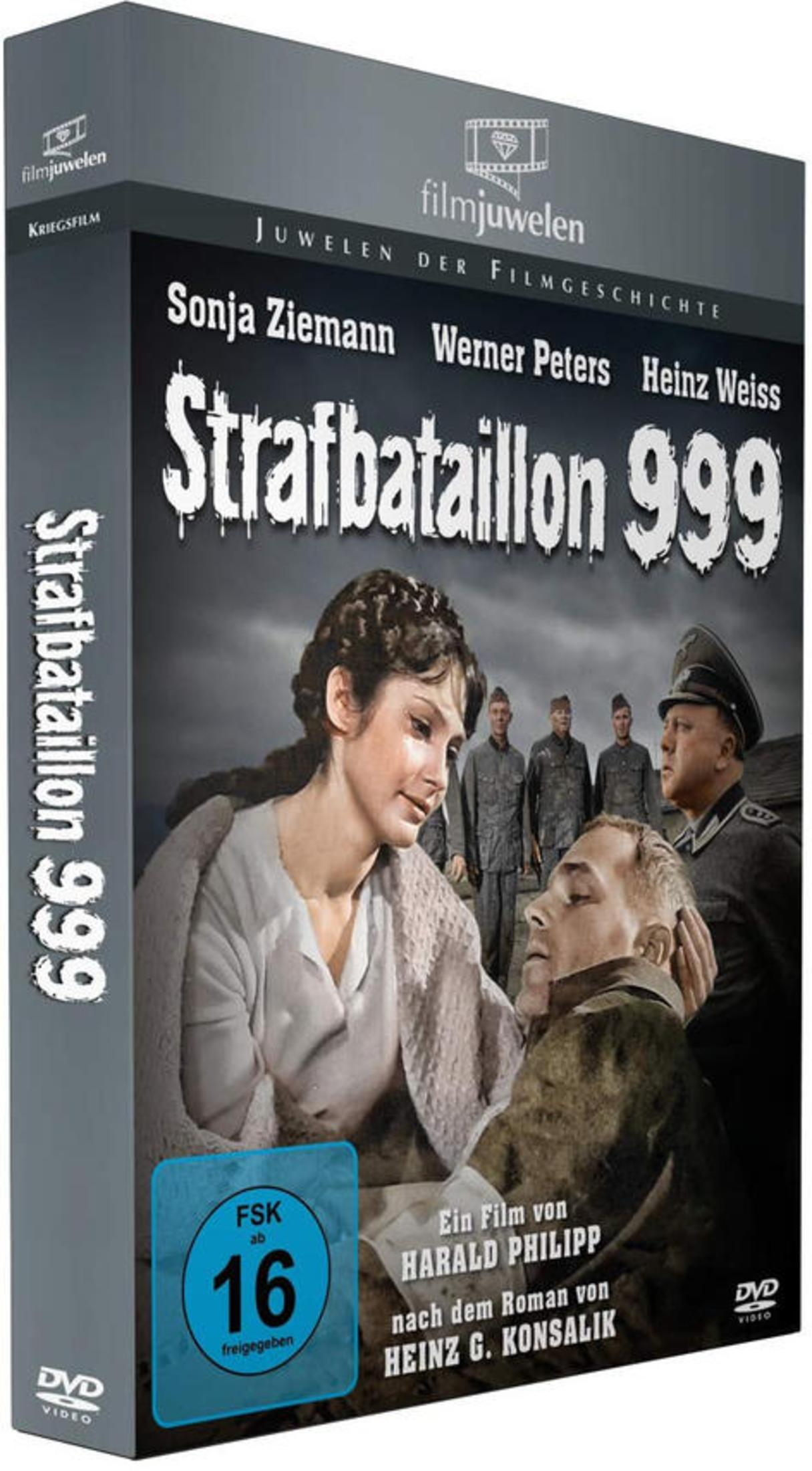 DVD-Cover des Films Strafbataillon 999 mit Schauspielern und einer Frau, die einen verwundeten Soldaten stützt.
