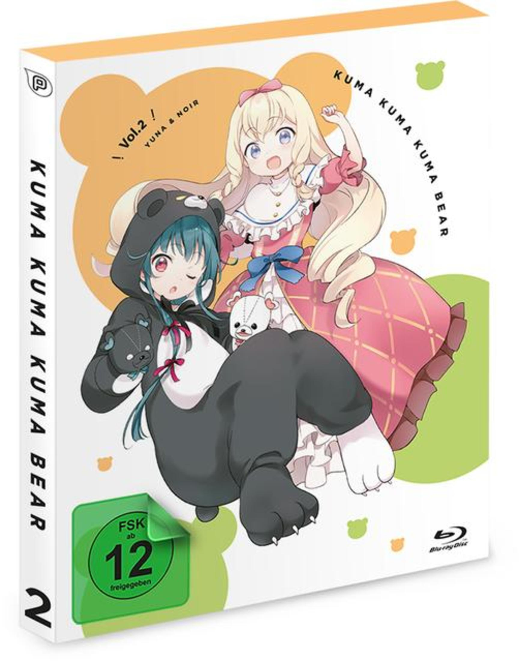 Anime Blu-ray-Hülle Kuma Kuma Kuma Bear Vol.2 mit zwei Mädchen, einem in Bärenkostüm, vor gelb-grünem Hintergrund.