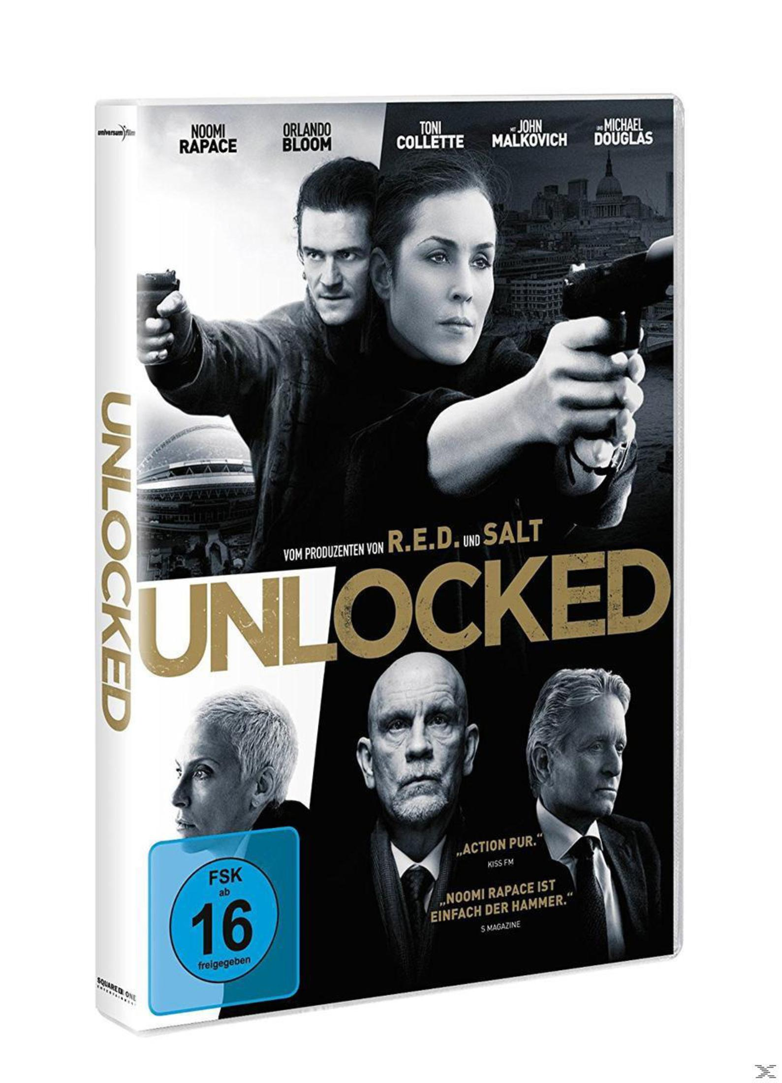 DVD-Cover von 'Unlocked' mit Noomi Rapace, Orlando Bloom und weiteren Schauspielern mit Waffen.