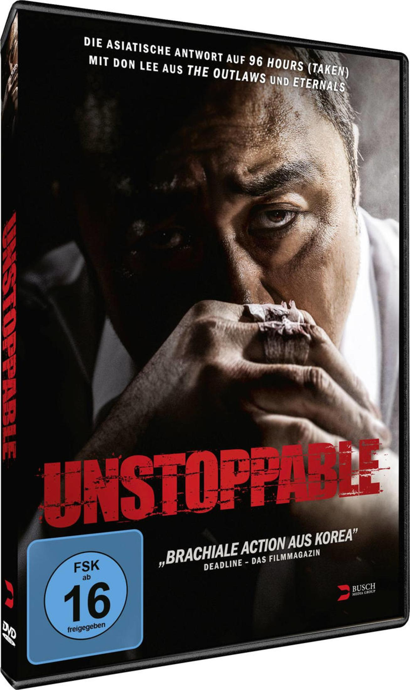 DVD-Cover des Films Unstoppable mit Don Lee, der nachdenklich dreinschaut und bandagierte Hände hat.