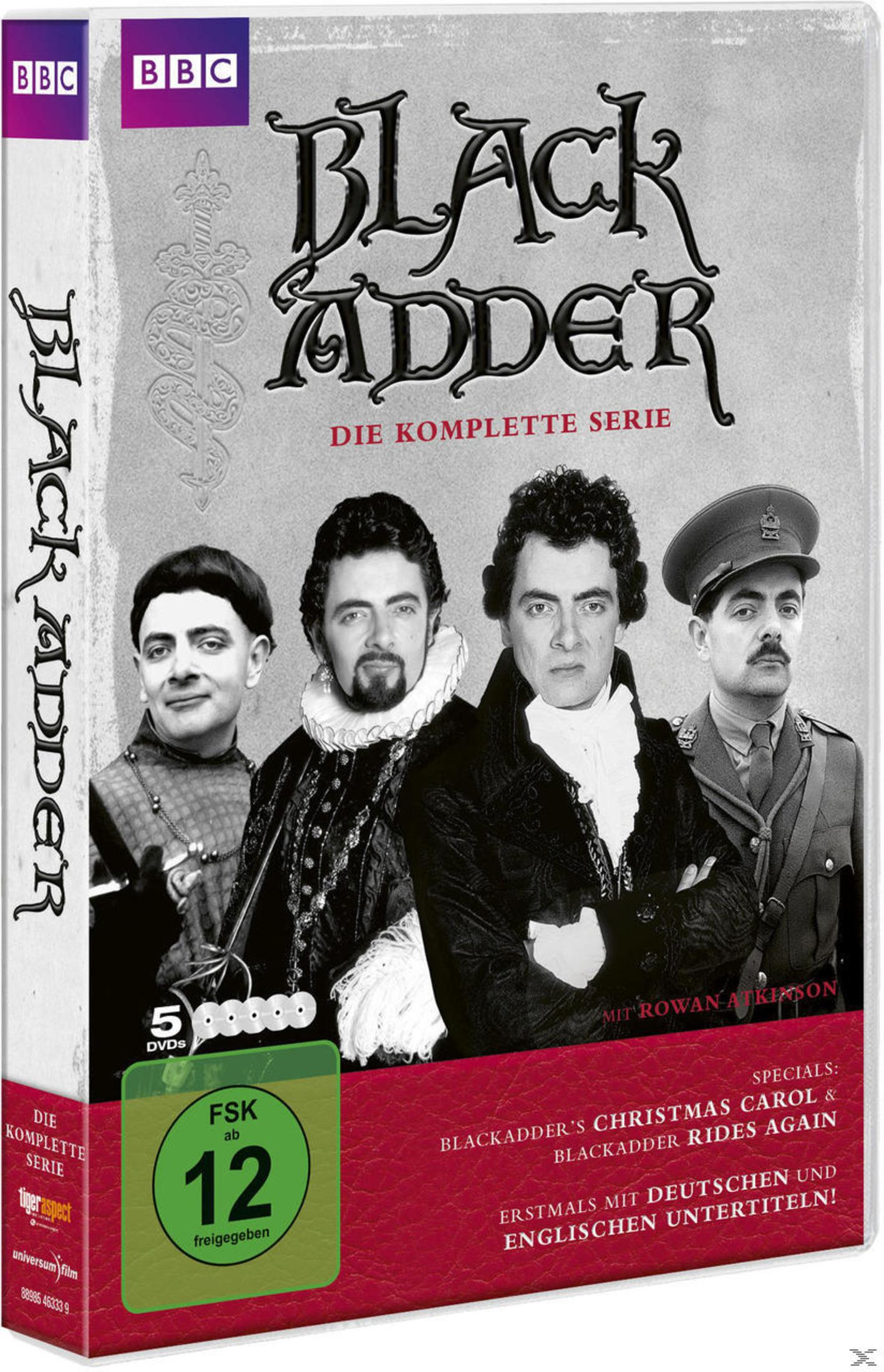 DVD-Hülle der Serie Blackadder mit vier Porträts von Rowan Atkinson in historischen Kostümen.