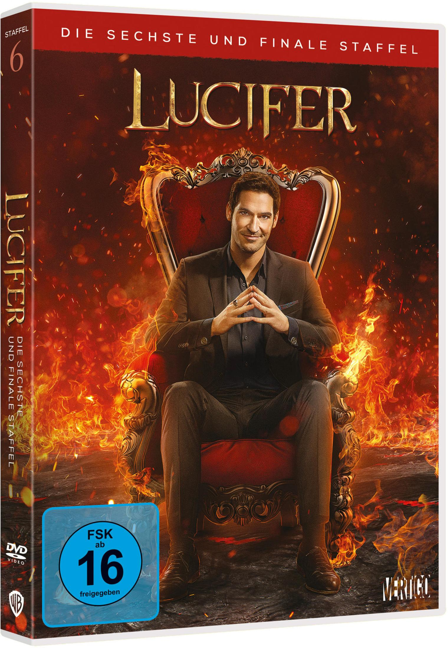 DVD-Cover von Lucifer Staffel 6 mit einem Mann in einem roten Stuhl vor brennendem Hintergrund.
