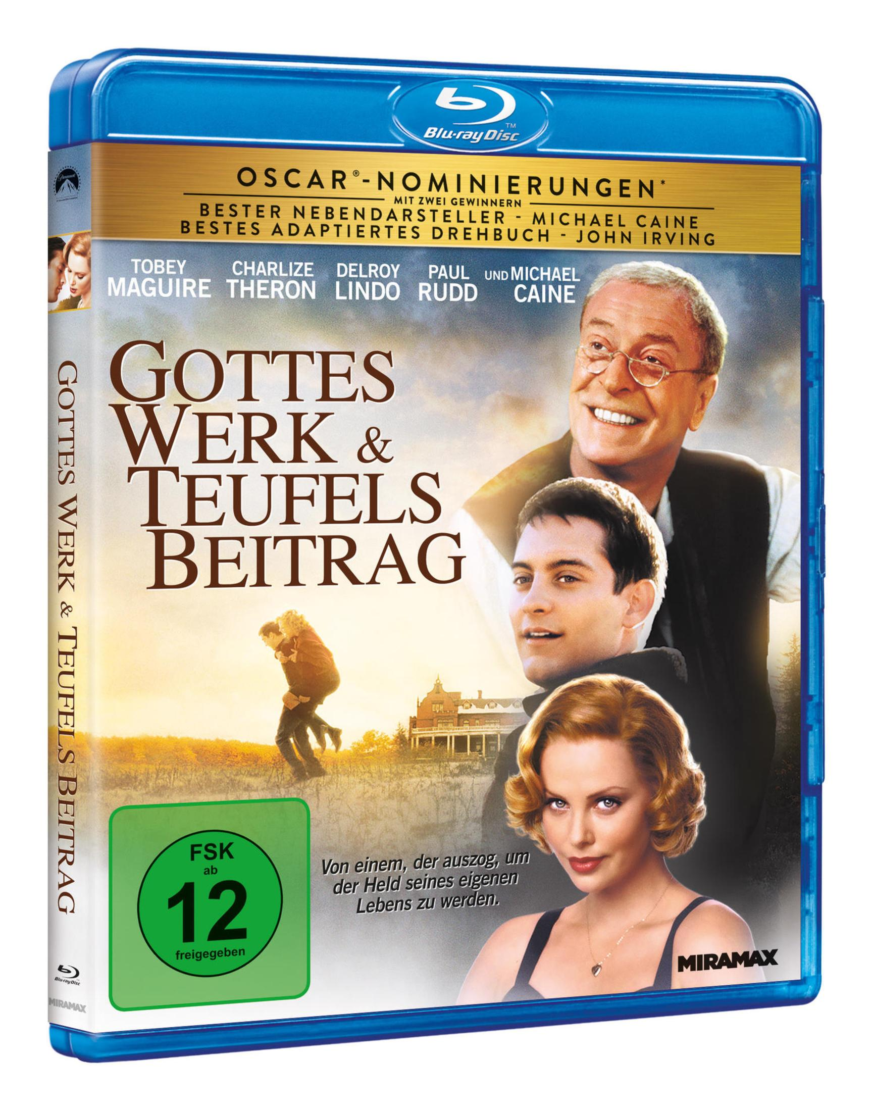 Blu-ray-Hülle des Films Gottes Werk und Teufels Beitrag mit Porträts von Michael Caine, Tobey Maguire und Charlize Theron.