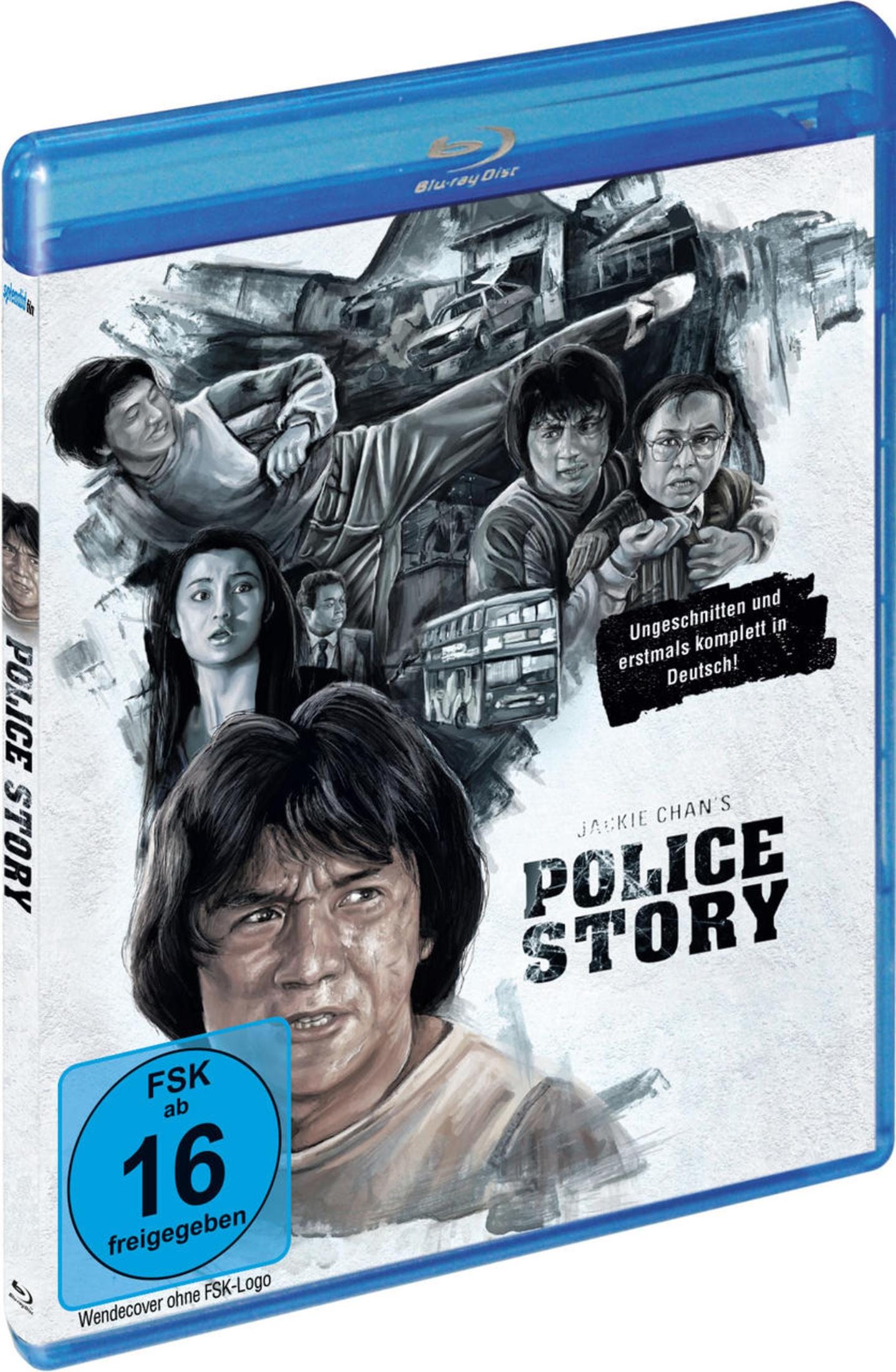 Blu-ray-Hülle von Police Story mit Jackie Chan im Vordergrund und Action-Szenen im Hintergrund.