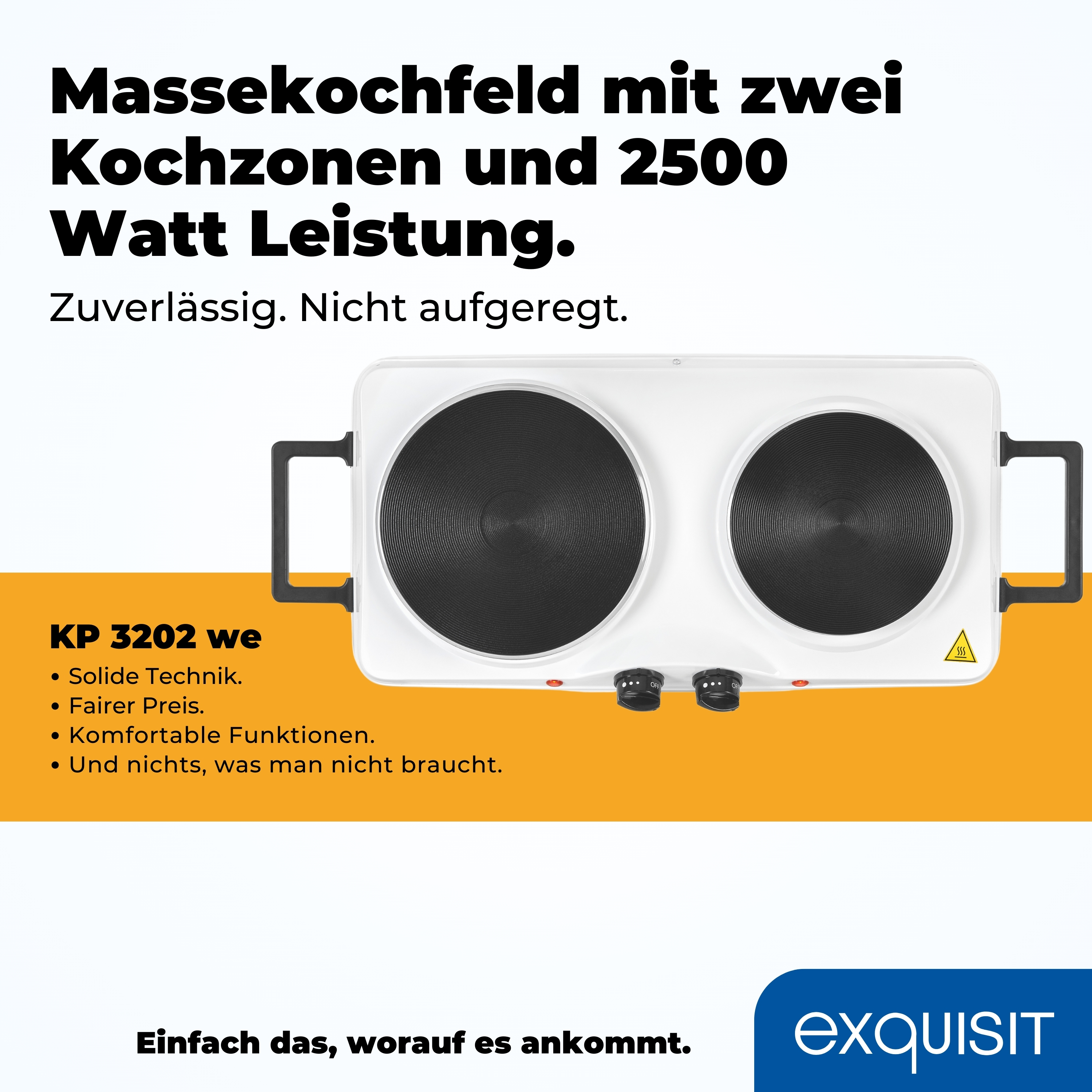 Weißes Kochfeld mit zwei schwarzen Kochzonen. Text oben und unten. Griffe an den Seiten.