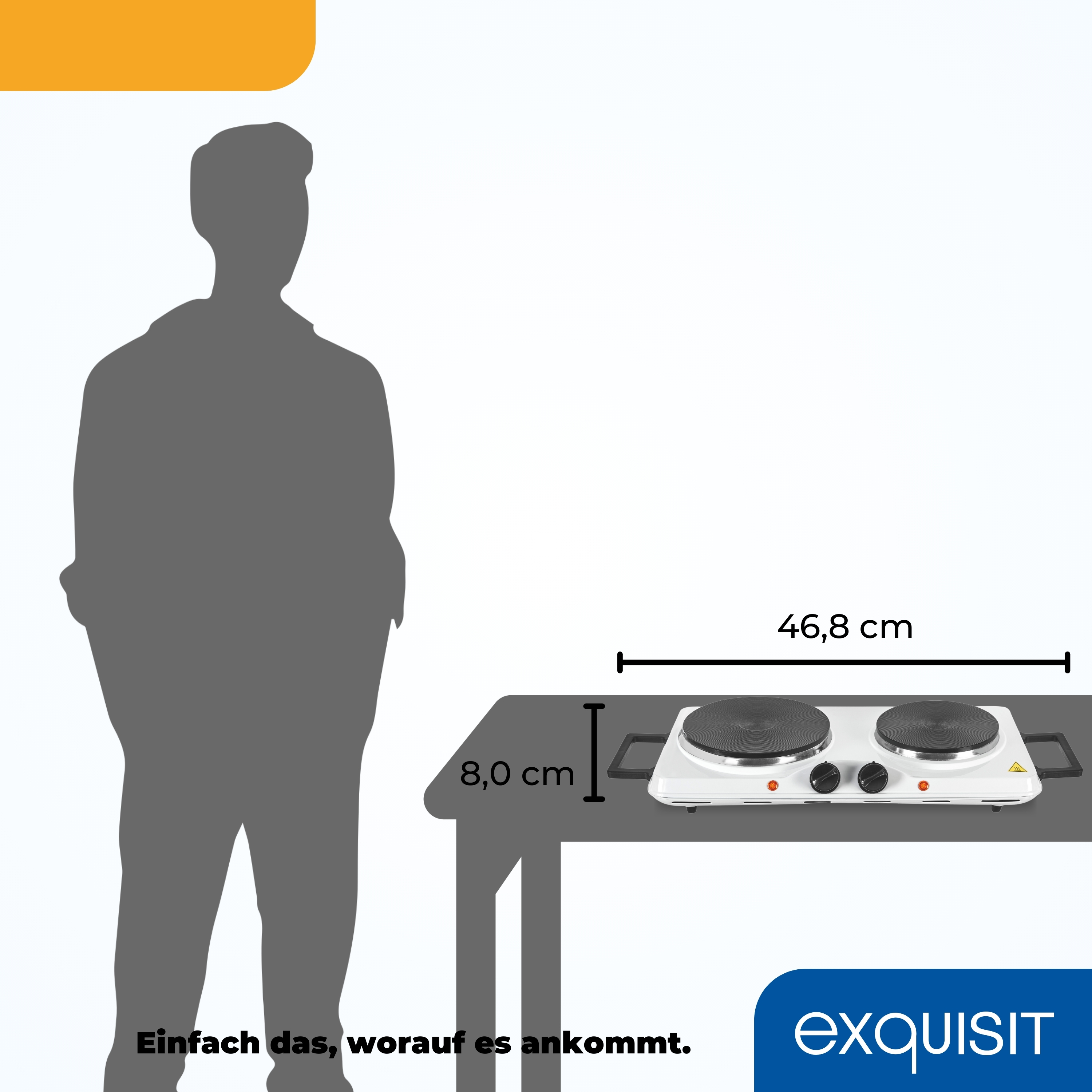 Doppelte Kochplatte auf einem Tisch. Eine Personensilhouette links. Text: Einfach das, worauf es ankommt.