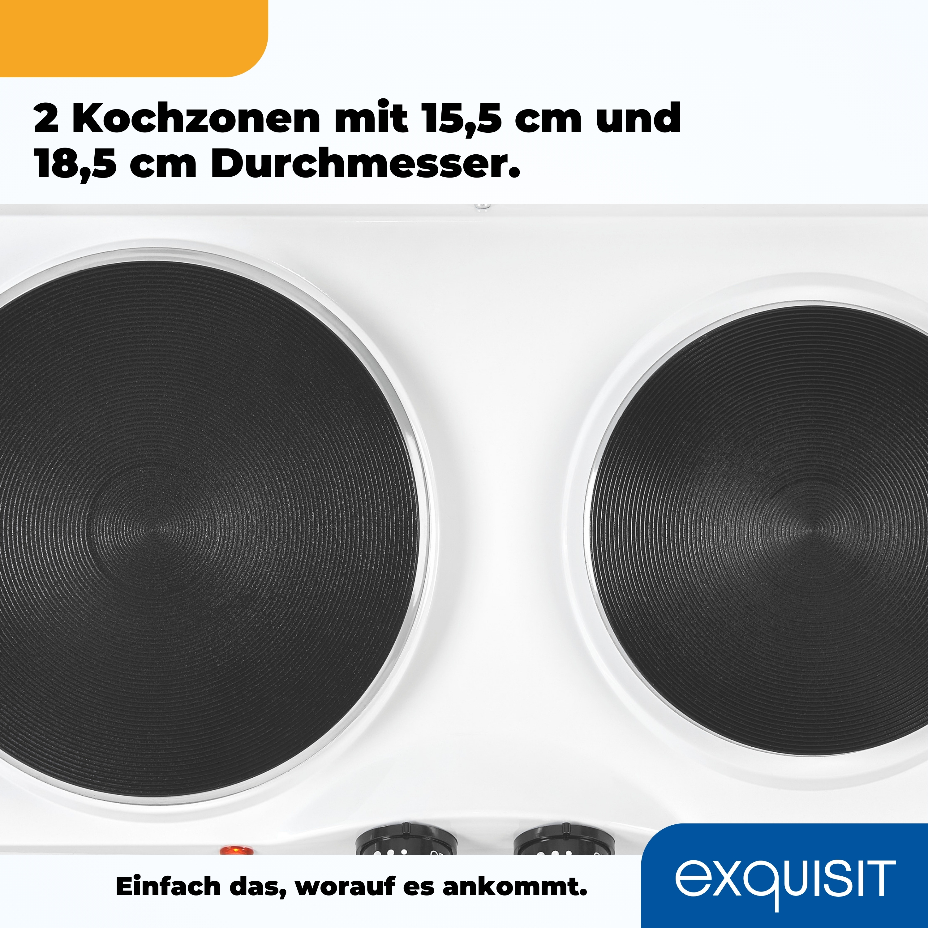 Nahaufnahme eines Kochfelds mit zwei Kochplatten. Schwarze Kochflächen auf weißem Sockel.
